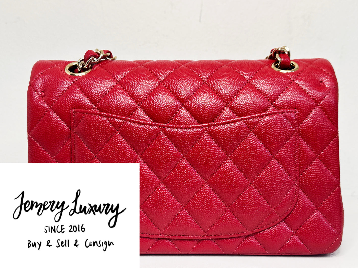 Chanel 19B Small Quilted Caviar Classic Double Flap Bag Red 2851 holo card