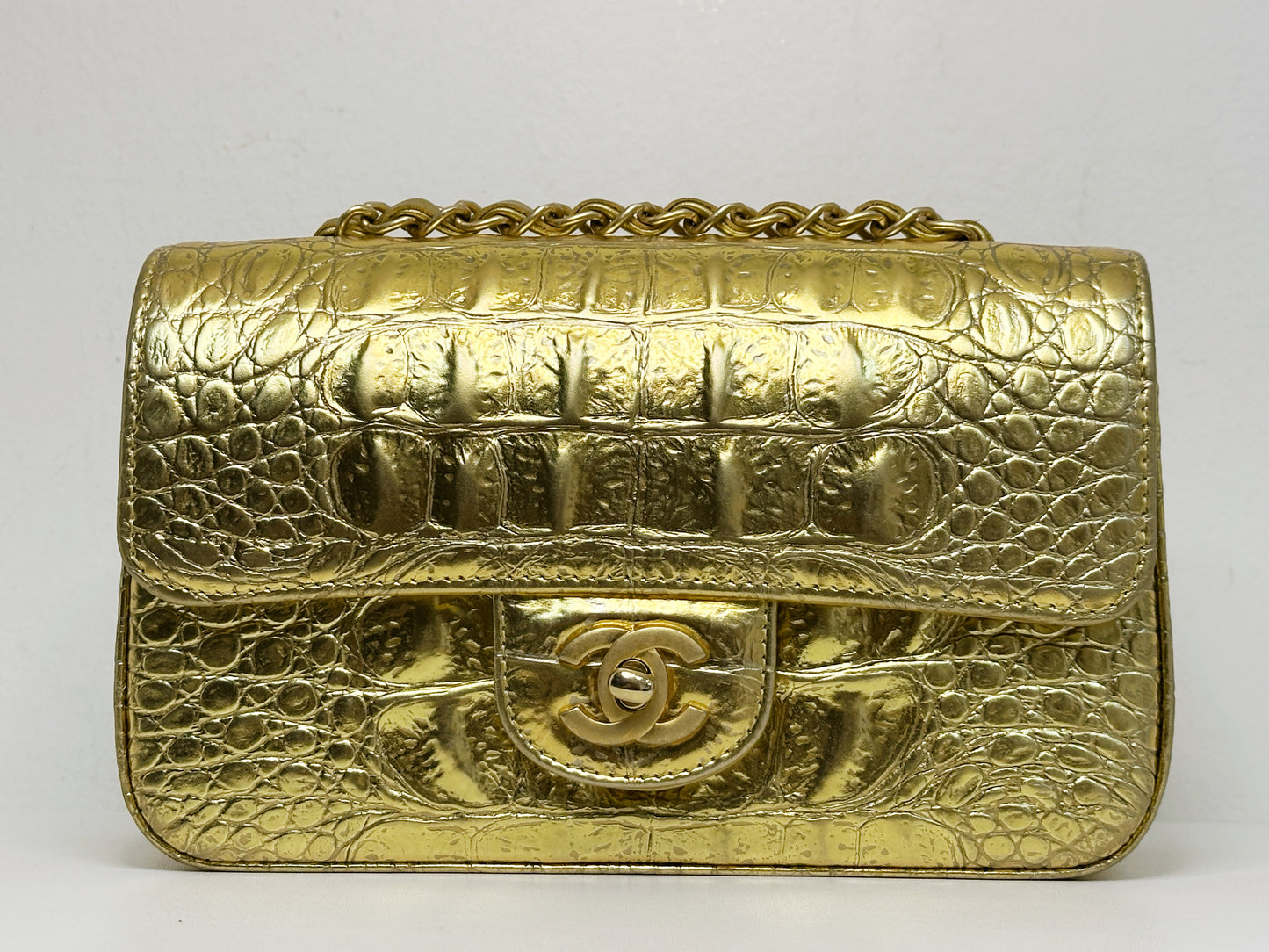 Chanel Mini Calfskin Crocodile Embossed Rectangular Gold Metallic Flap Bag 2813 holo card