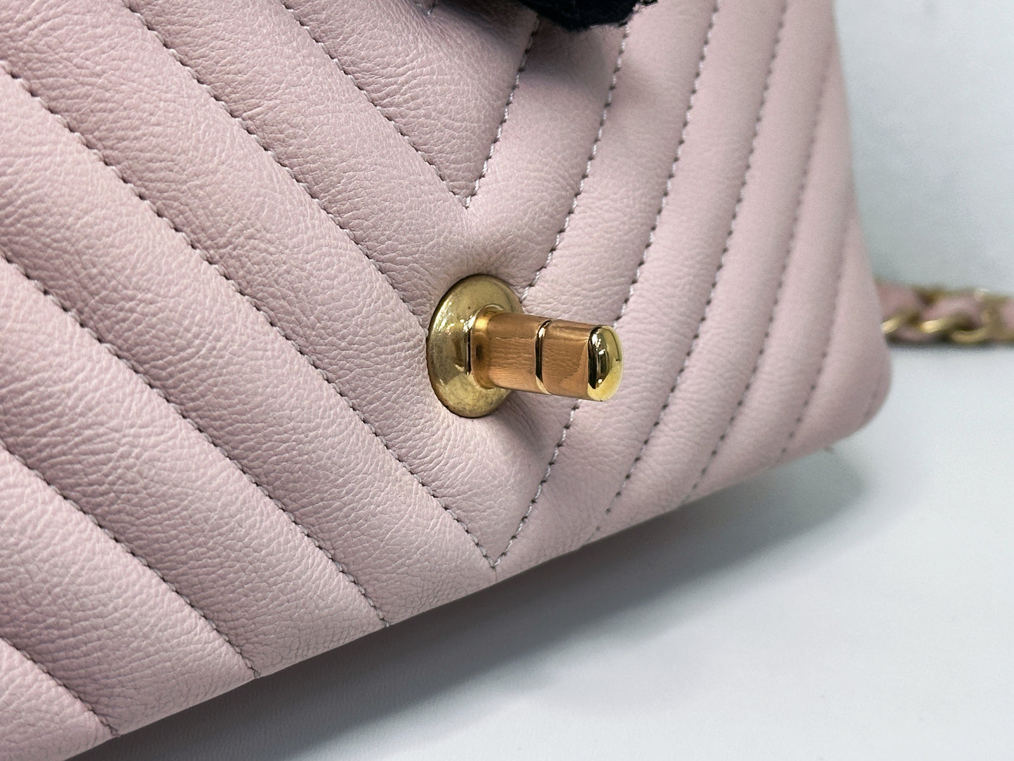 Chanel Classic Mini Rectangular 17C Light Pink Chevron Calfskin with brushed gold hardware 2383 holo card