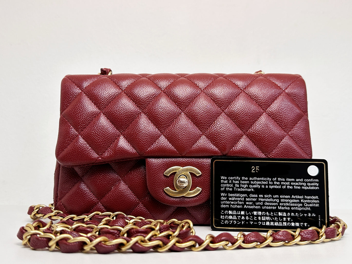 Chanel 18C Timeless Classic Caviar Mini Rectangular Flap Iridescent Maroon 2515 holo card