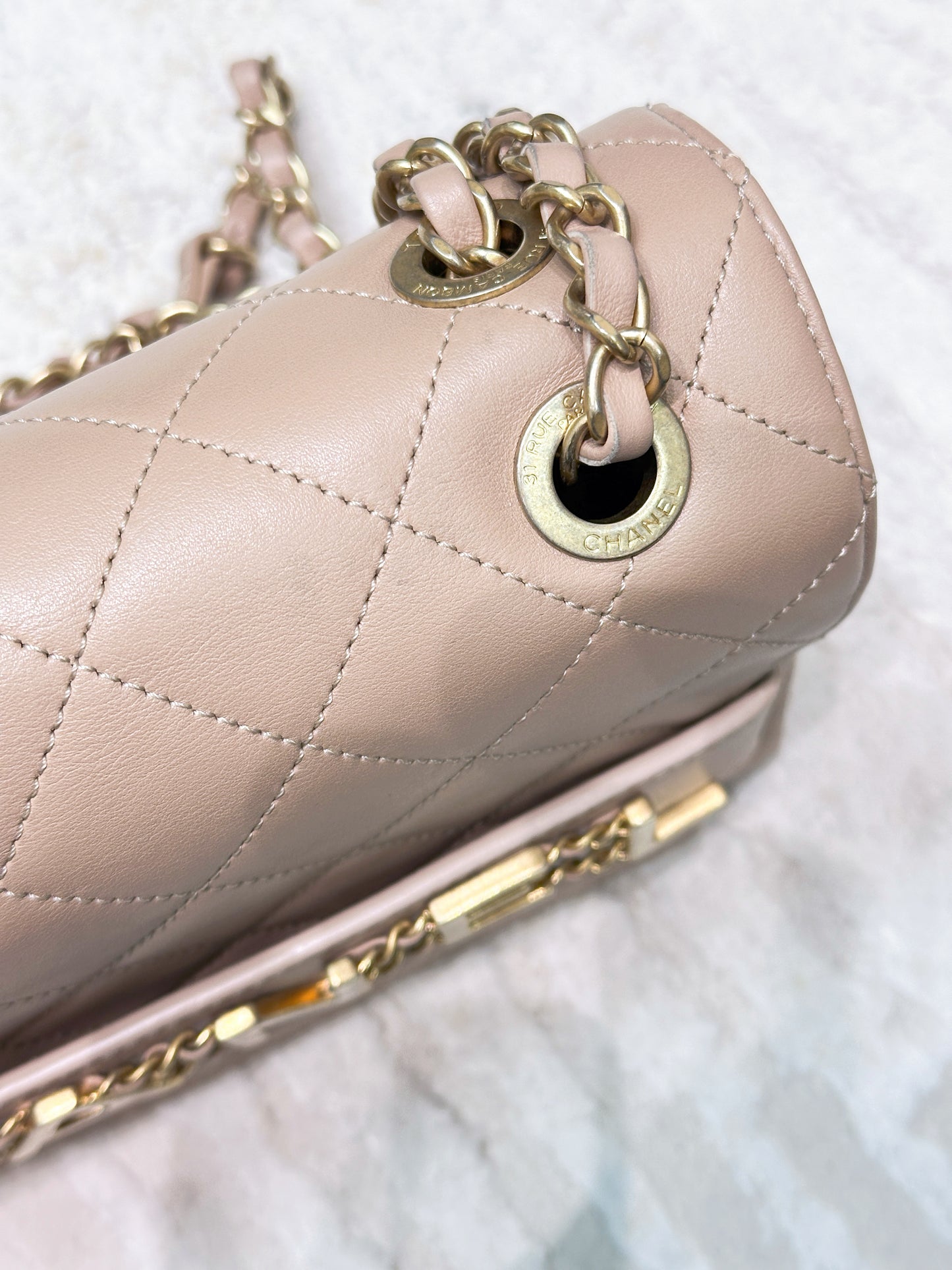 Chanel Engraved Flap Dark Beige Lambskin Gold Hardware