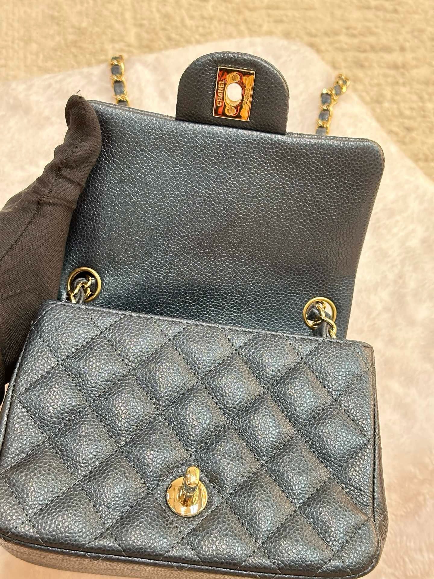 Chanel Mini Square Quilted Caviar Flap Bag Blue GHW 2581 Holo card