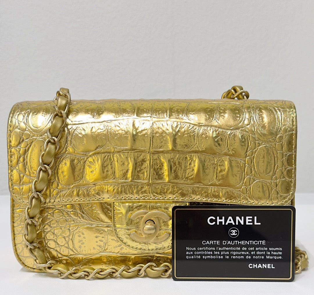 Chanel Mini Calfskin Crocodile Embossed Rectangular Gold Metallic Flap Bag