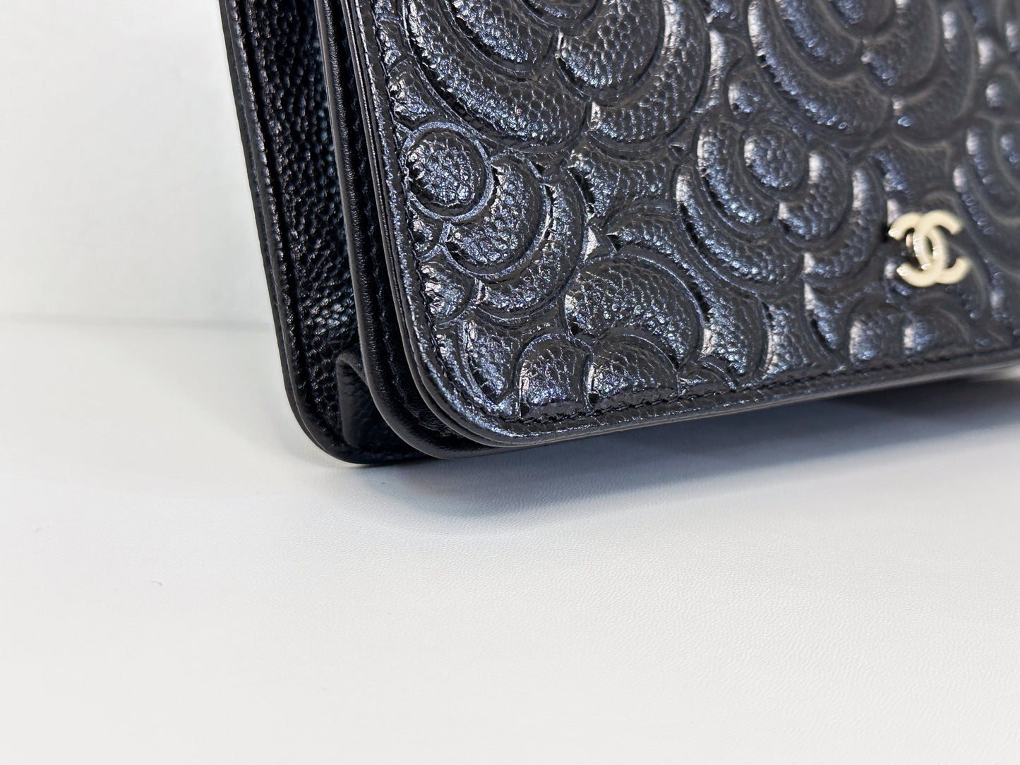 Chanel Black Caviar Camellia Embossed Wallet on Chain WOC Crossbody/ Clutch Bag 2951 holo card