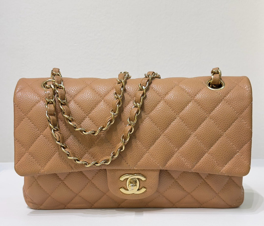 Chanel Medium Caviar Quilted Double Flap Beige Bag 258315 Holo
