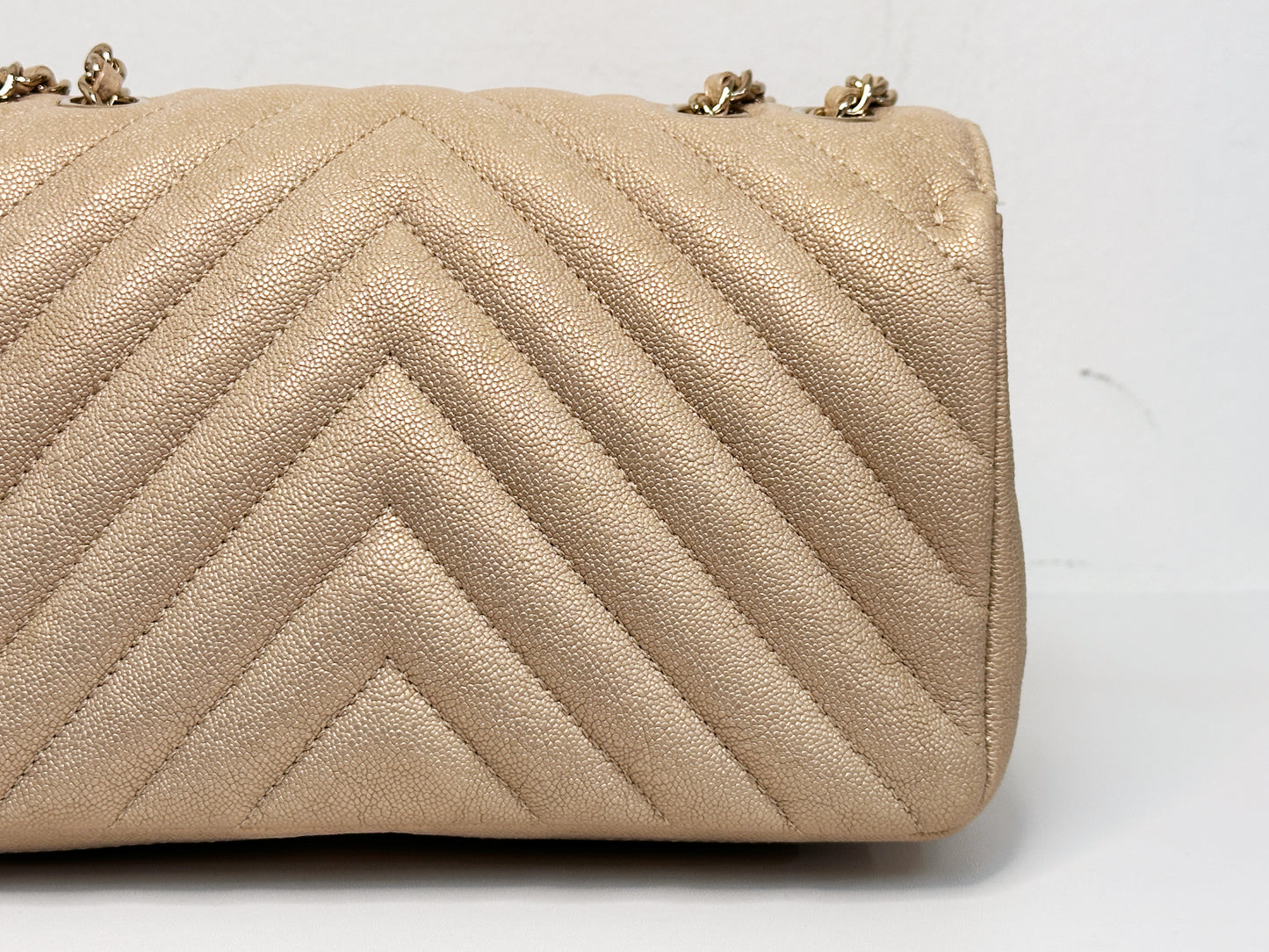 Chanel Mini Statement Metallic Caviar Chevron Quilted Flap Beige LGHW 2835 holo card