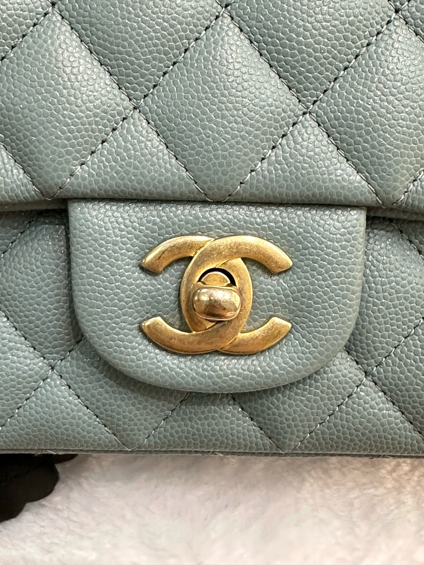 CHANEL Iridescent Caviar Quilted Mini Rectangular Flap Light Blue 18C