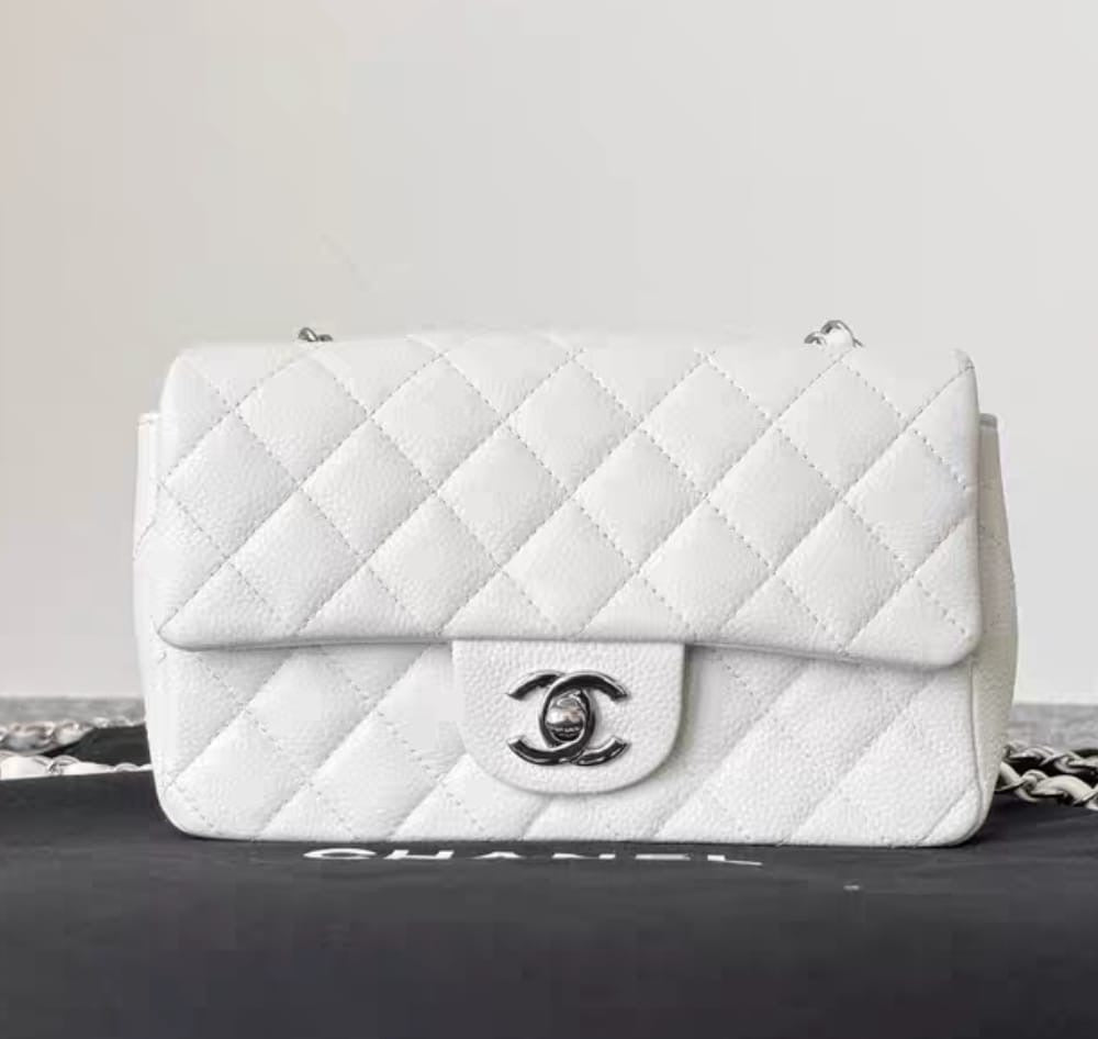 Chanel Mini Rectangular Caviar Classic White SHW 1877 holo card