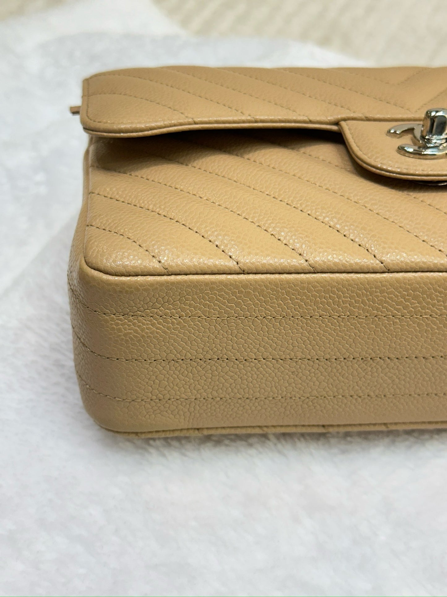 Chanel Small Classic Chevron Calfskin Double Flap Dark Beige SHW 19S 27 Holo card