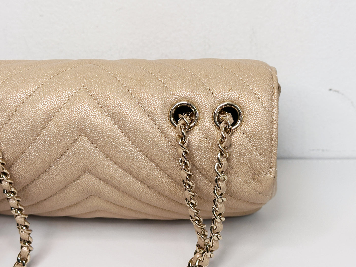 Chanel Mini Statement Metallic Caviar Chevron Quilted Flap Beige LGHW 2835 holo card