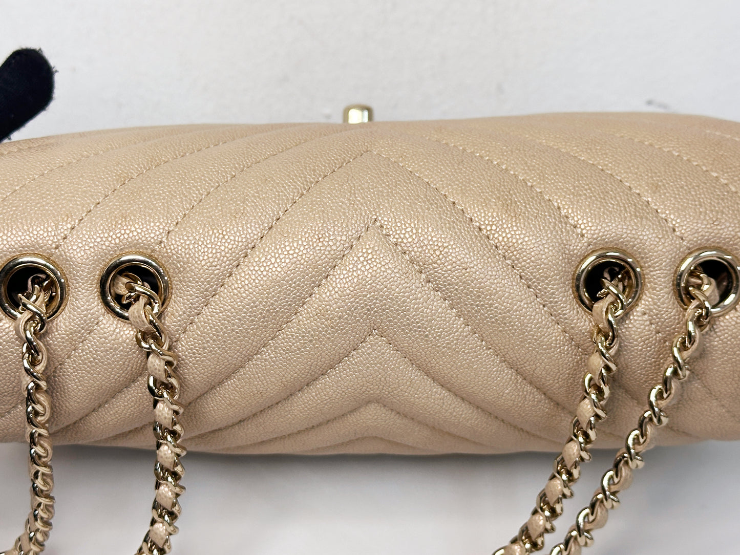 Chanel Mini Statement Metallic Caviar Chevron Quilted Flap Beige LGHW 2835 holo card