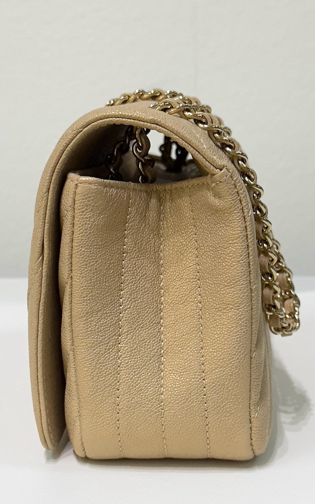 Chanel Mini Statement Metallic Caviar Chevron Quilted Flap Beige LGHW