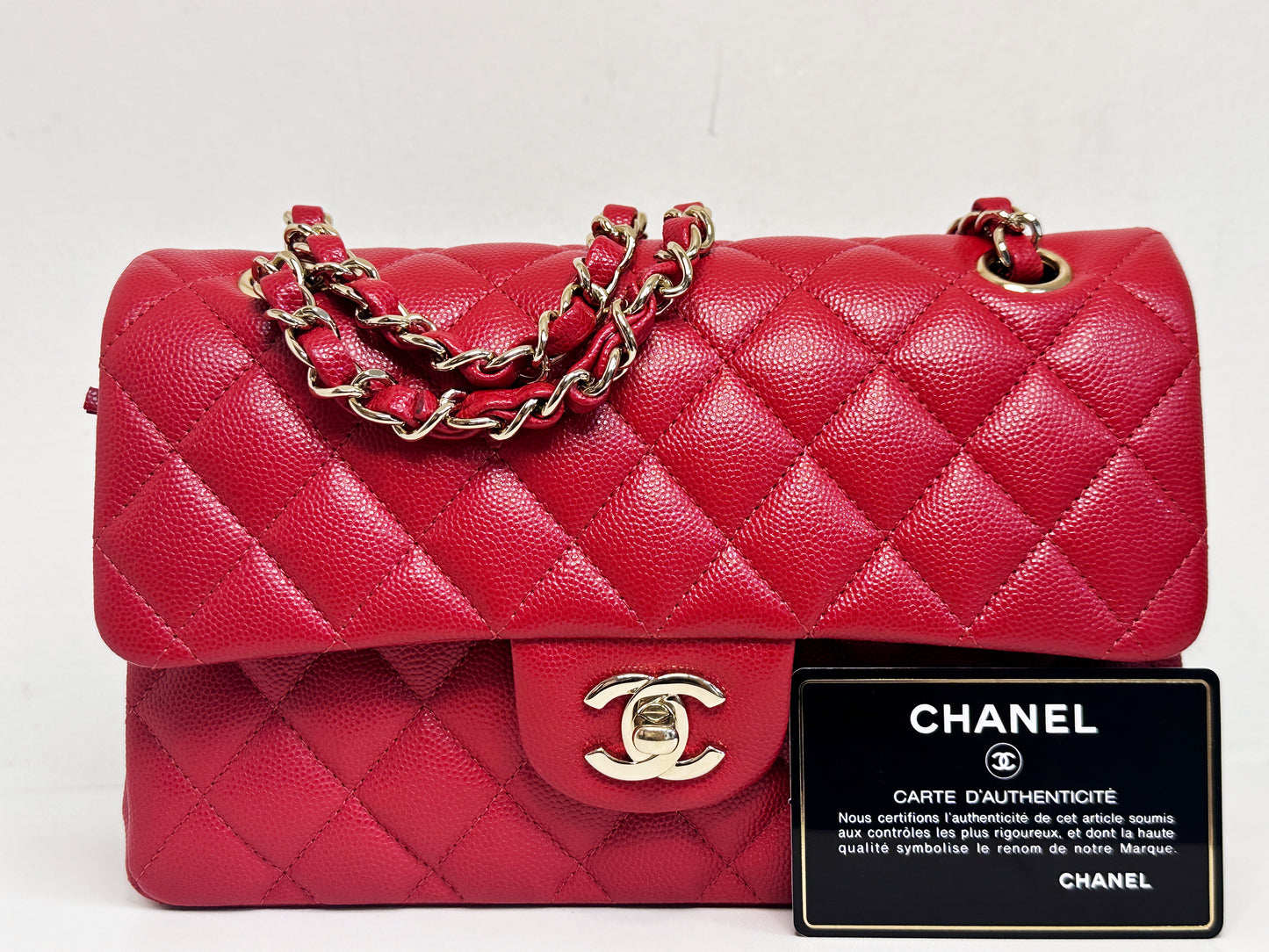 Chanel 19B Small Quilted Caviar Classic Double Flap Bag Red 2851 holo card