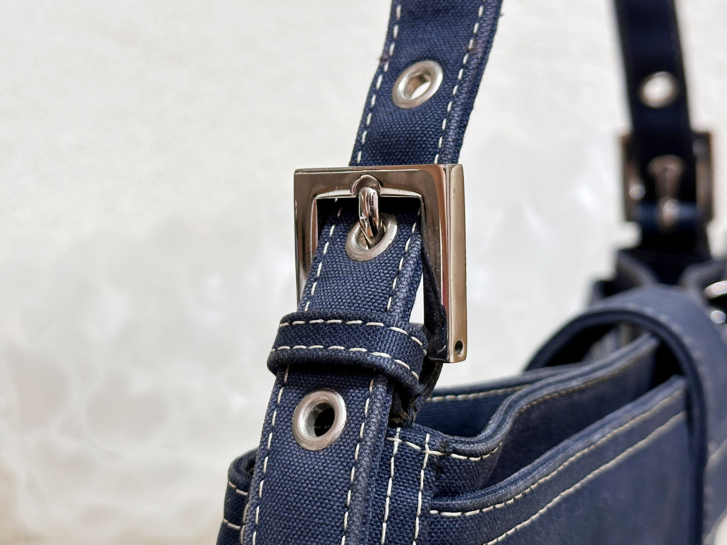 Fendi Mamma Baguette Canvas Shoulder Bag Navy blue