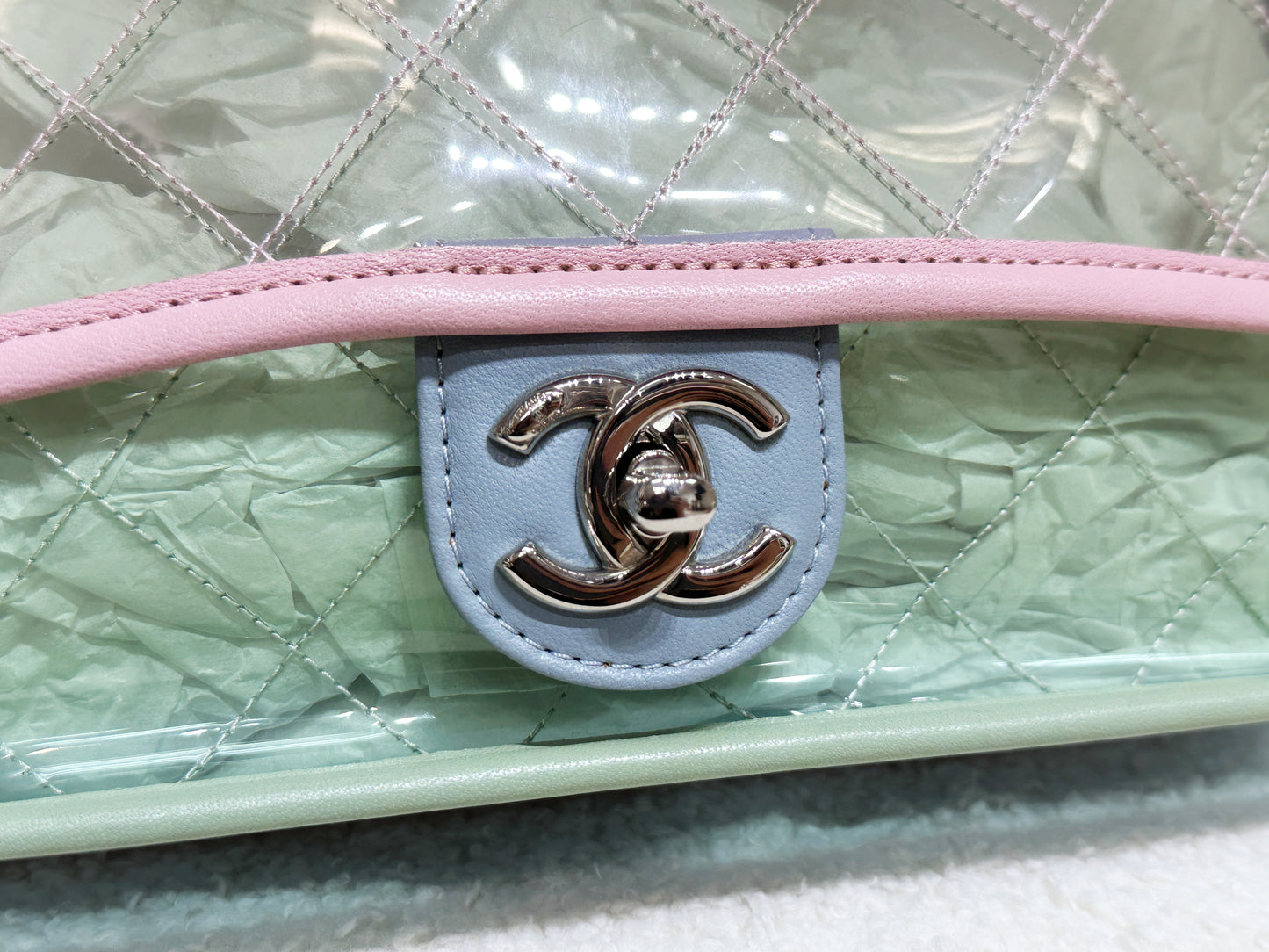 Chanel Coco Splash PVC Medium Flap Bag Pink/Green/Blue 254 holo card