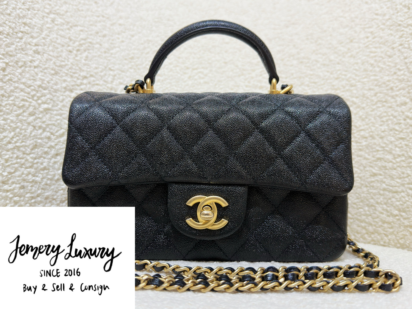 Chanel Mini Rectangular Top Handle Flap Bag Black Caviar GHW 3126 holo card