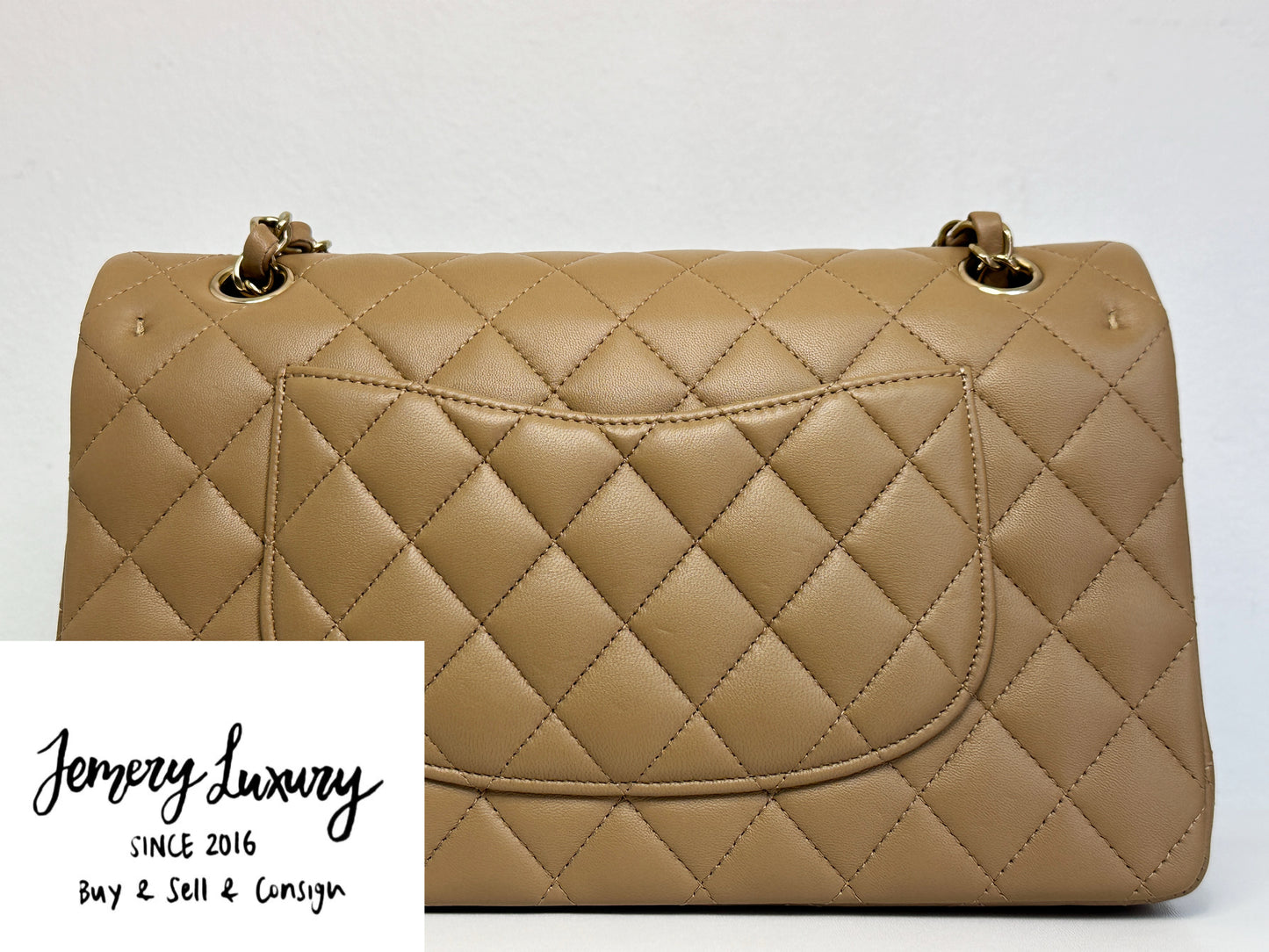 Chanel 22B Lambskin Classic Quilted Double Flap Medium LGHW Dark beige HH9G microchip