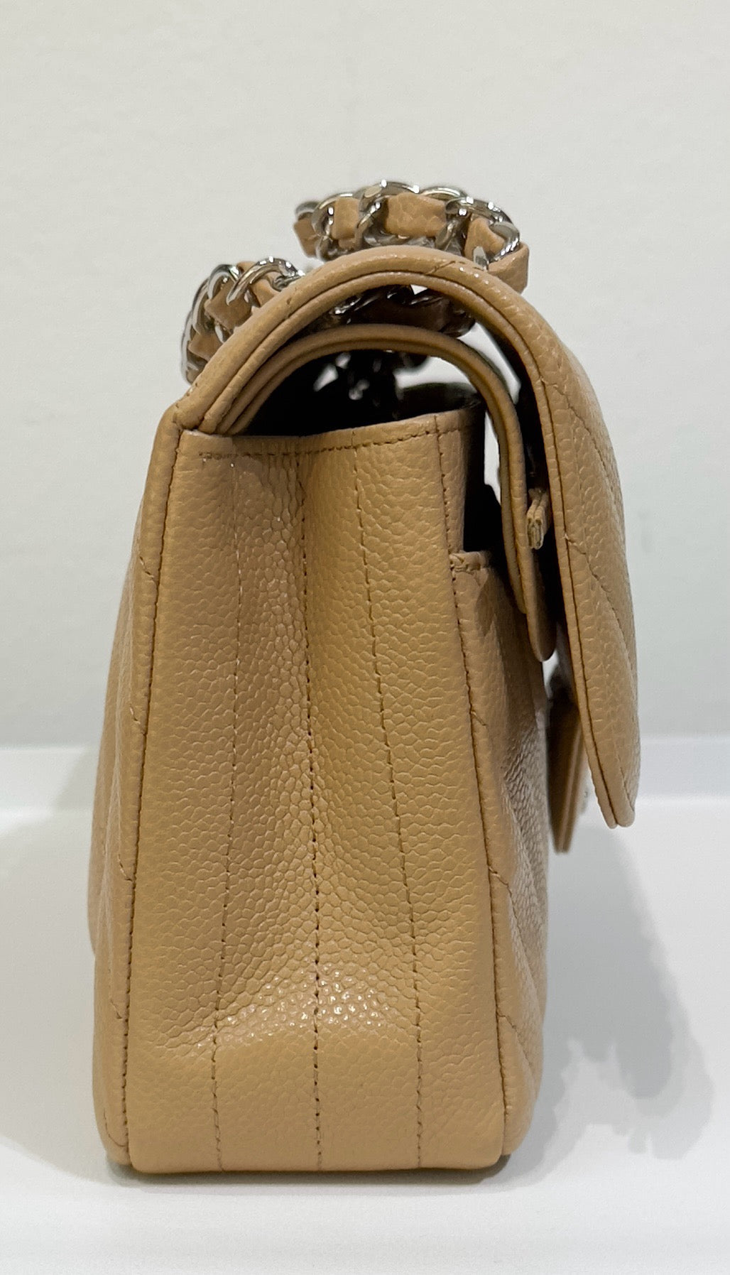 Chanel Small Classic Chevron Calfskin Double Flap Dark Beige SHW 19S 27 Holo card