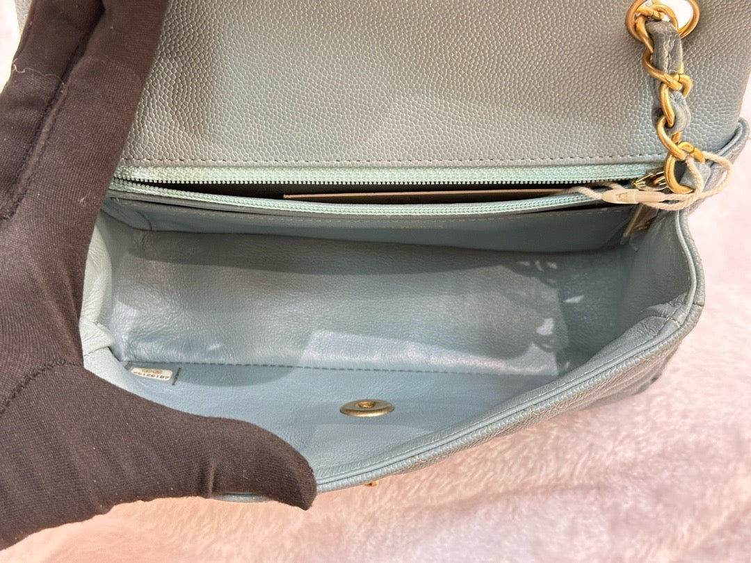 CHANEL Iridescent Caviar Quilted Mini Rectangular Flap Light Blue 18C