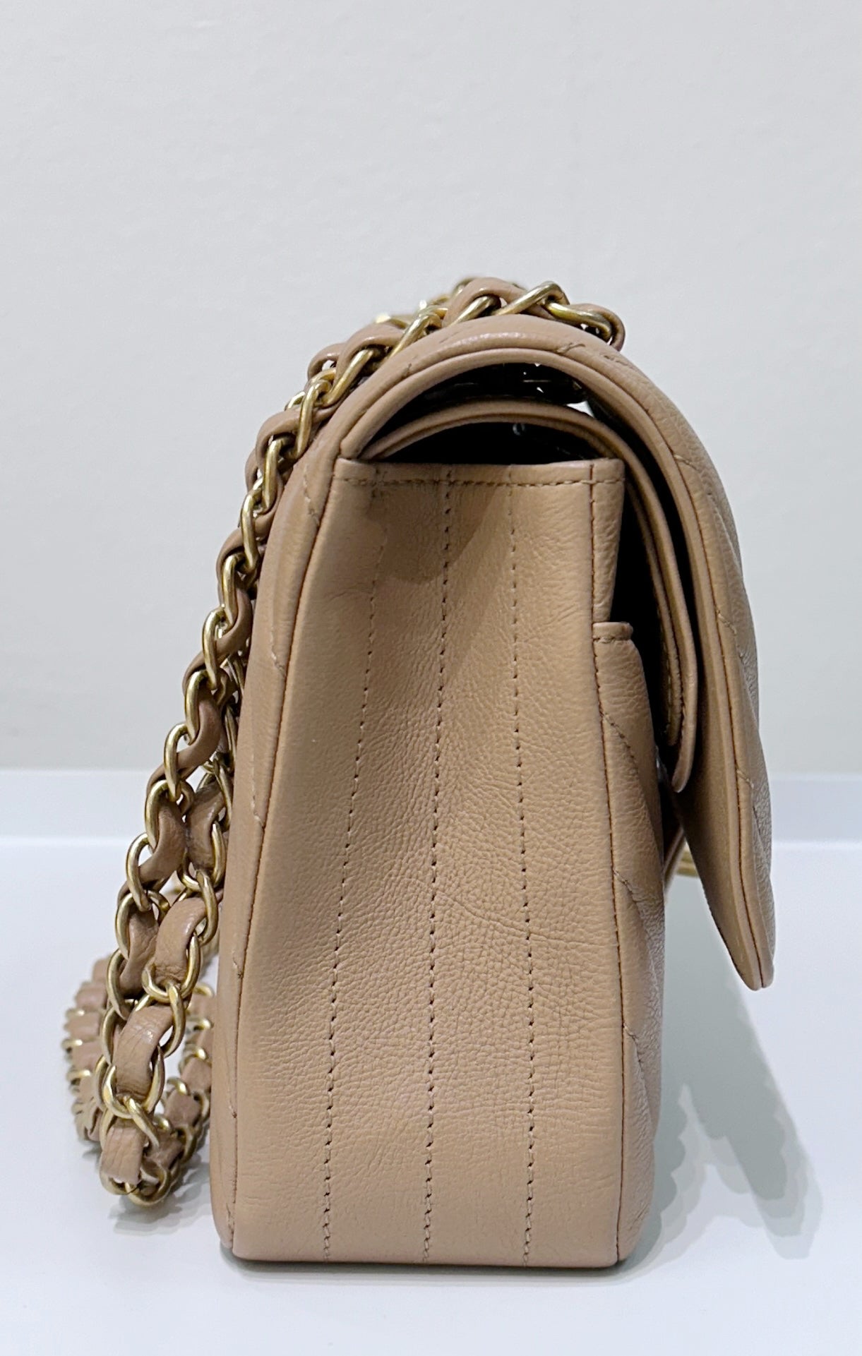 Chanel Classic Medium Beige Chevron Calfskin with Gold Hardware