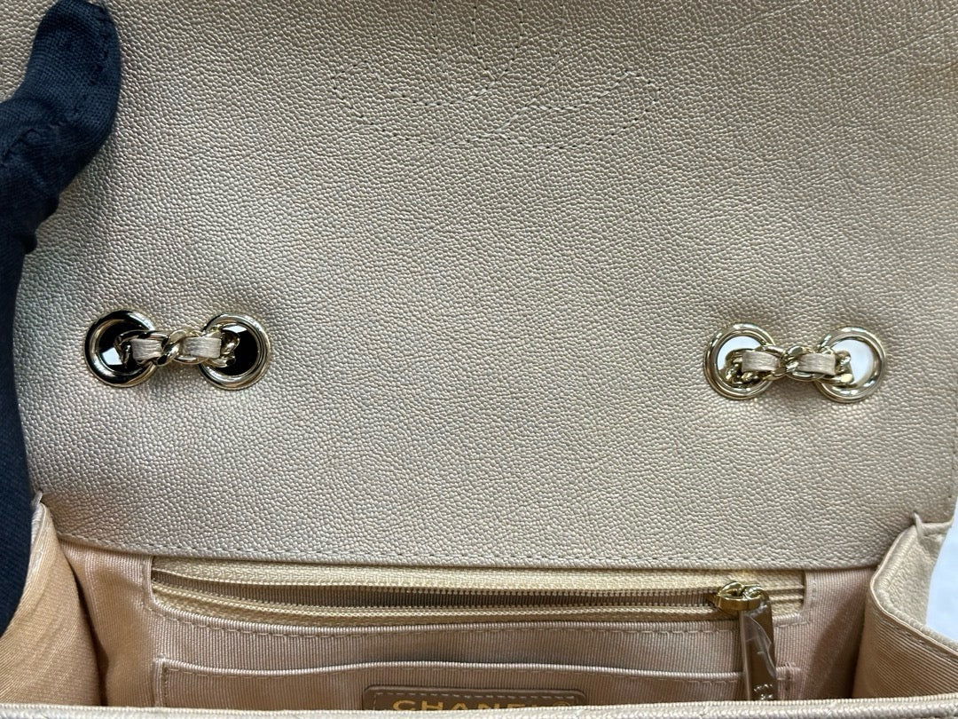 Chanel Mini Statement Metallic Caviar Chevron Quilted Flap Beige LGHW