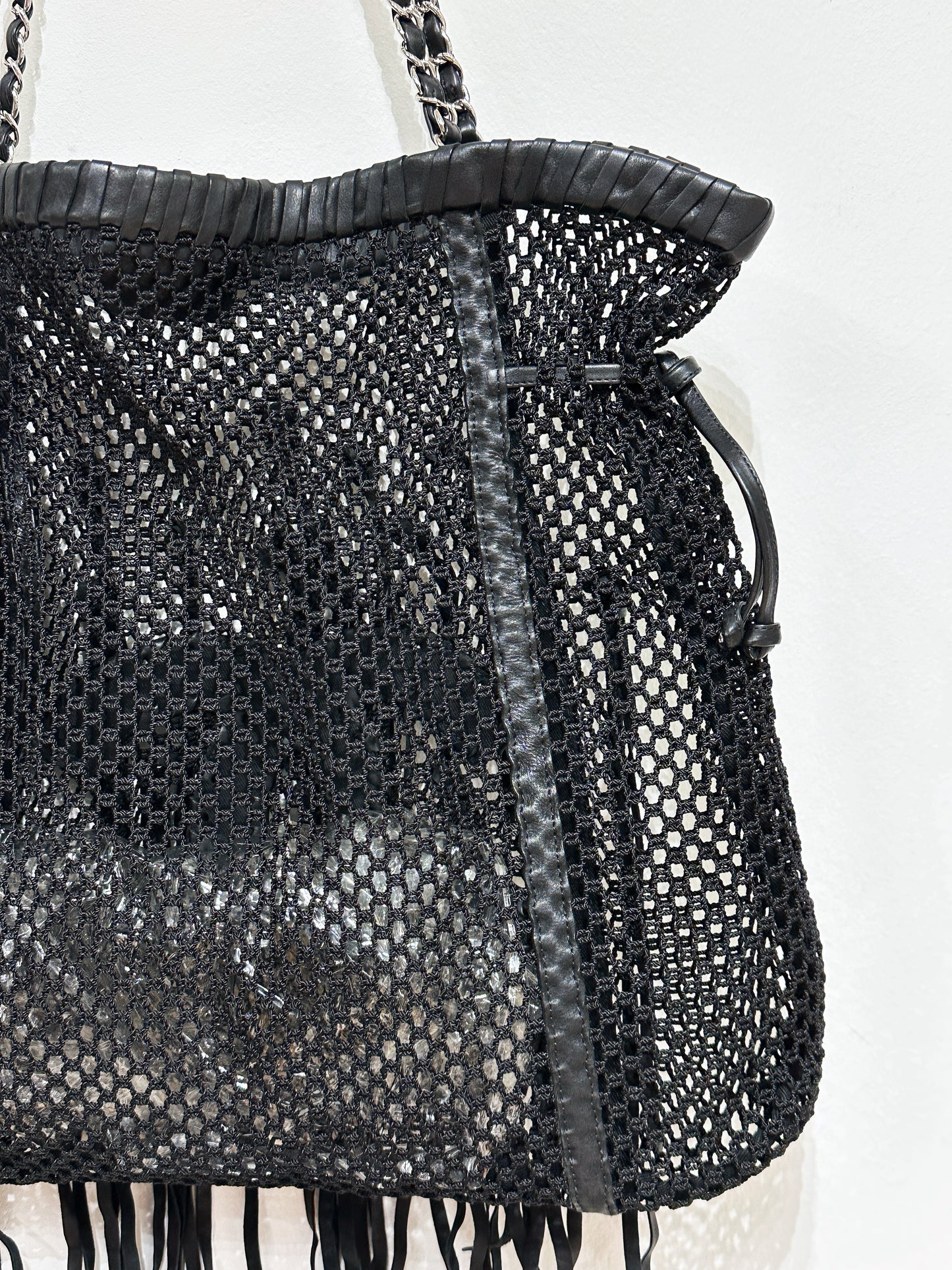 Chanel Limited Edition Resort Black Fringe Mesh Tote Bag 1426 holo