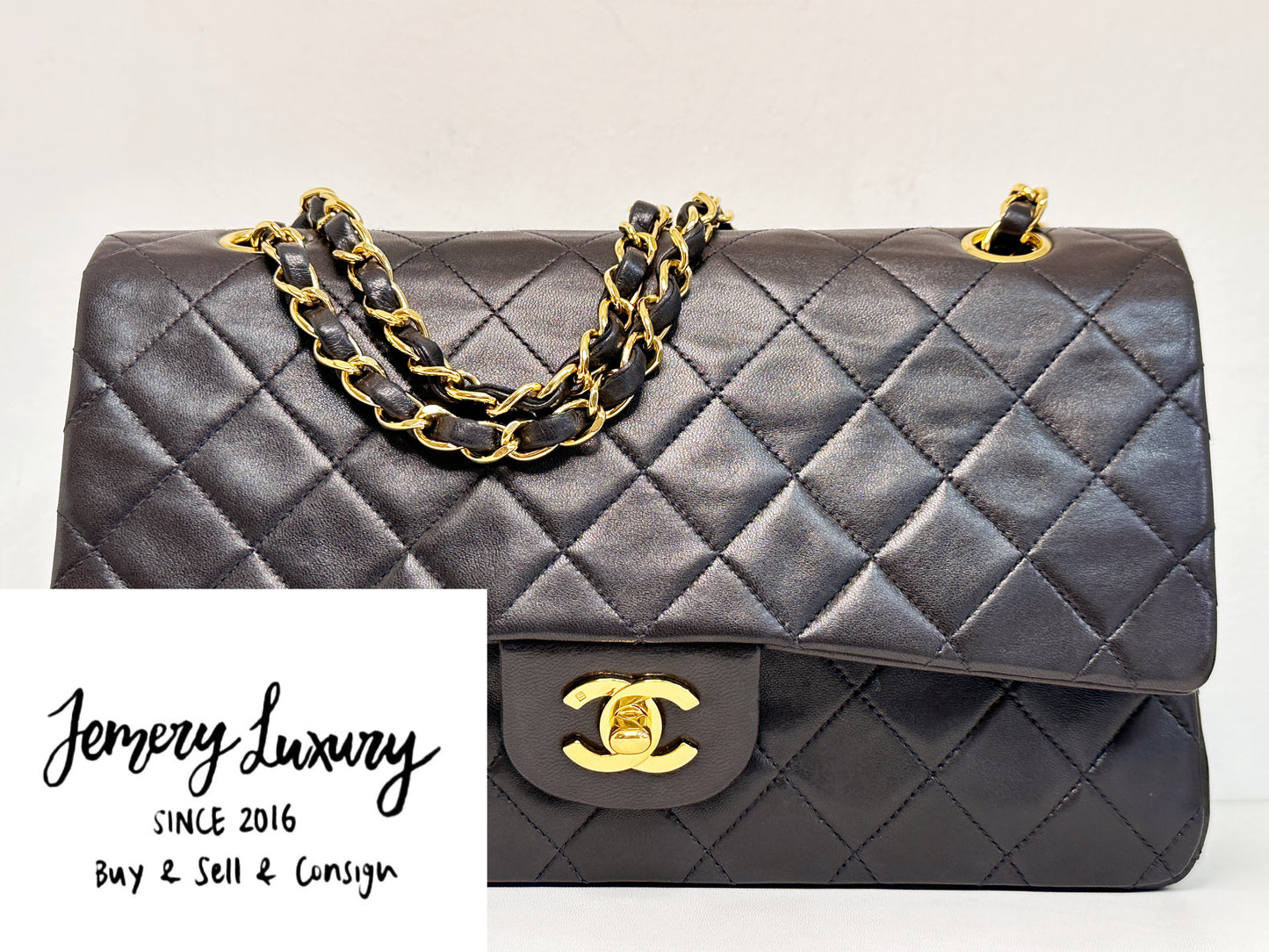 Chanel Vintage Black Quilted Lambskin Medium Classic Double Flap Bag 25 holo card