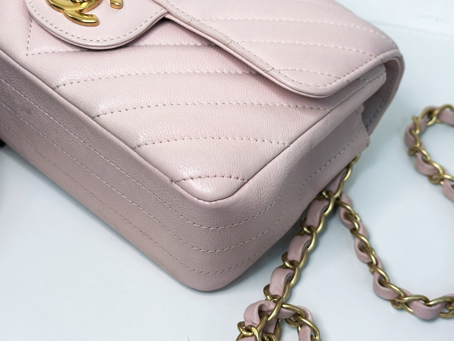 Chanel Classic Mini Rectangular 17C Light Pink Chevron Calfskin with brushed gold hardware 2383 holo card