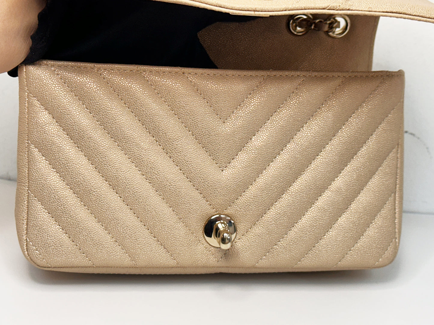 Chanel Mini Statement Metallic Caviar Chevron Quilted Flap Beige LGHW 2835 holo card