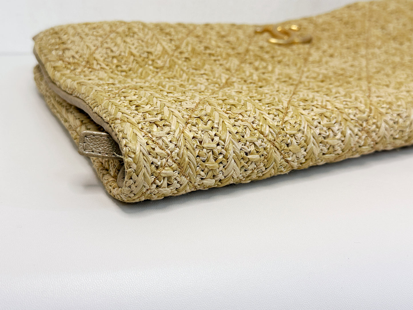 Chanel CC Woven Clutch Gold Natural Raffia Antique Gold Hardware 2502 holo
