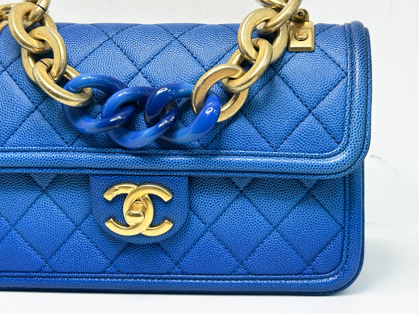 CHANEL Caviar Quilted Small Sunset On The Sea Flap Blue 2721 holo card