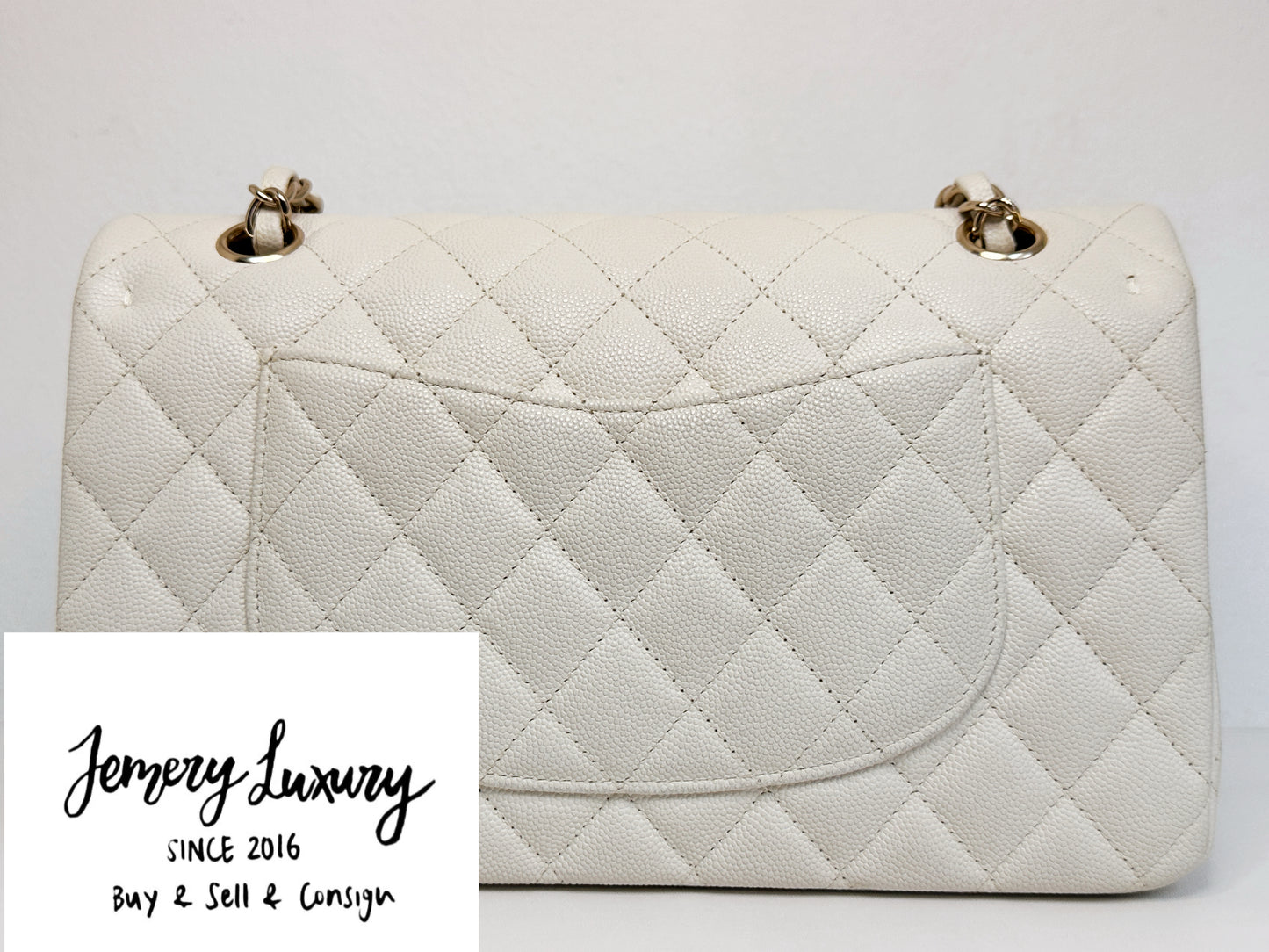 Chanel Medium Caviar Classic Quilted Double Flap White Light Beige Bag LGHW L45J microchip