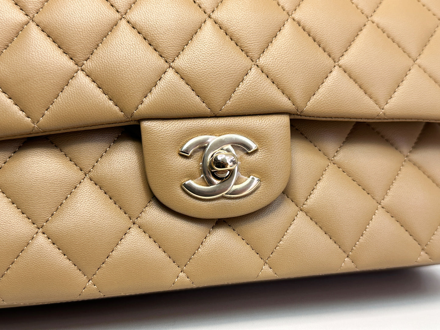Chanel 22B Lambskin Classic Quilted Double Flap Medium LGHW Dark beige HH9G microchip