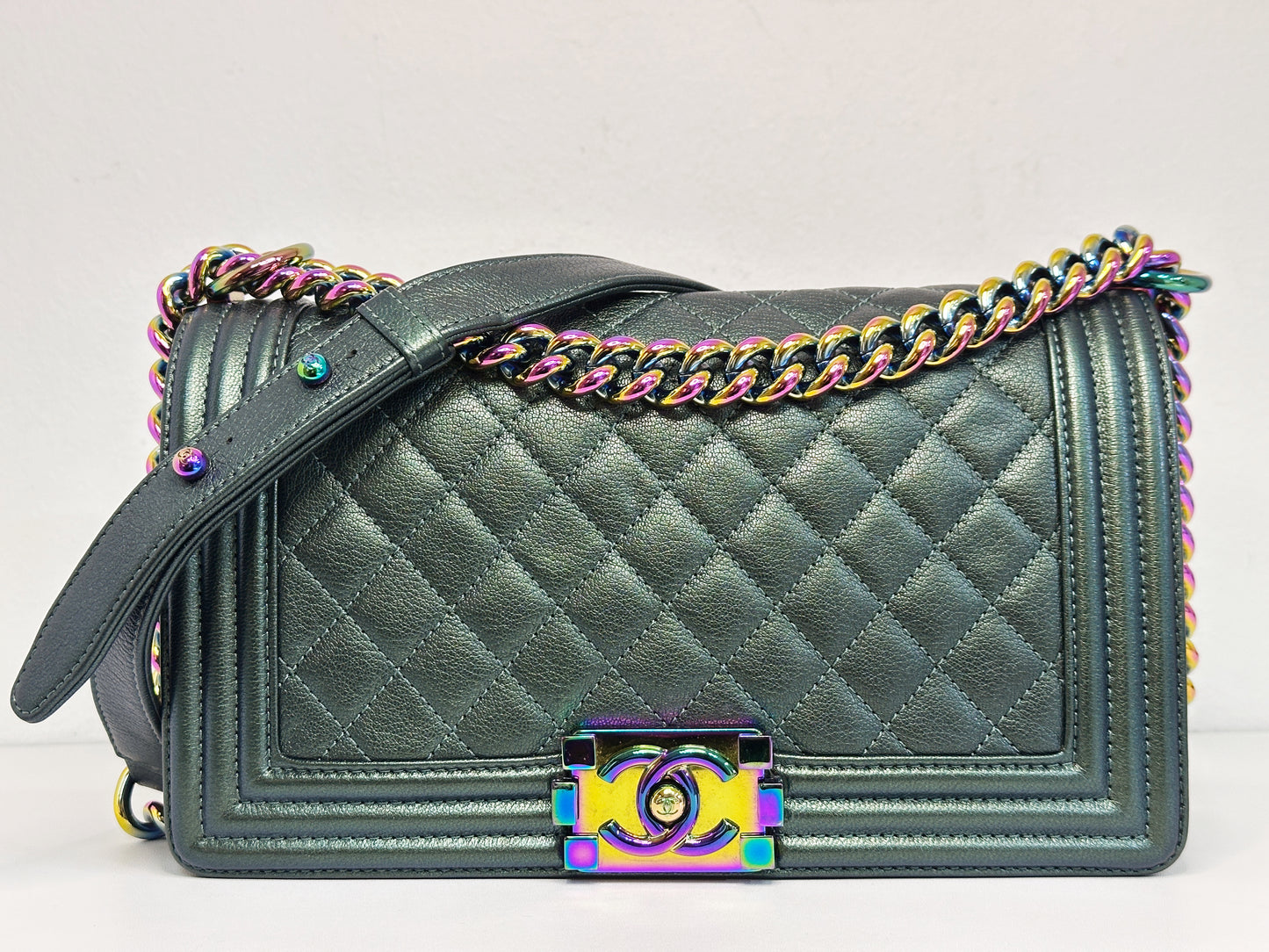 Chanel Iridescent Goatskin Quilted Medium LeBoy Flap Green 2176 holo
