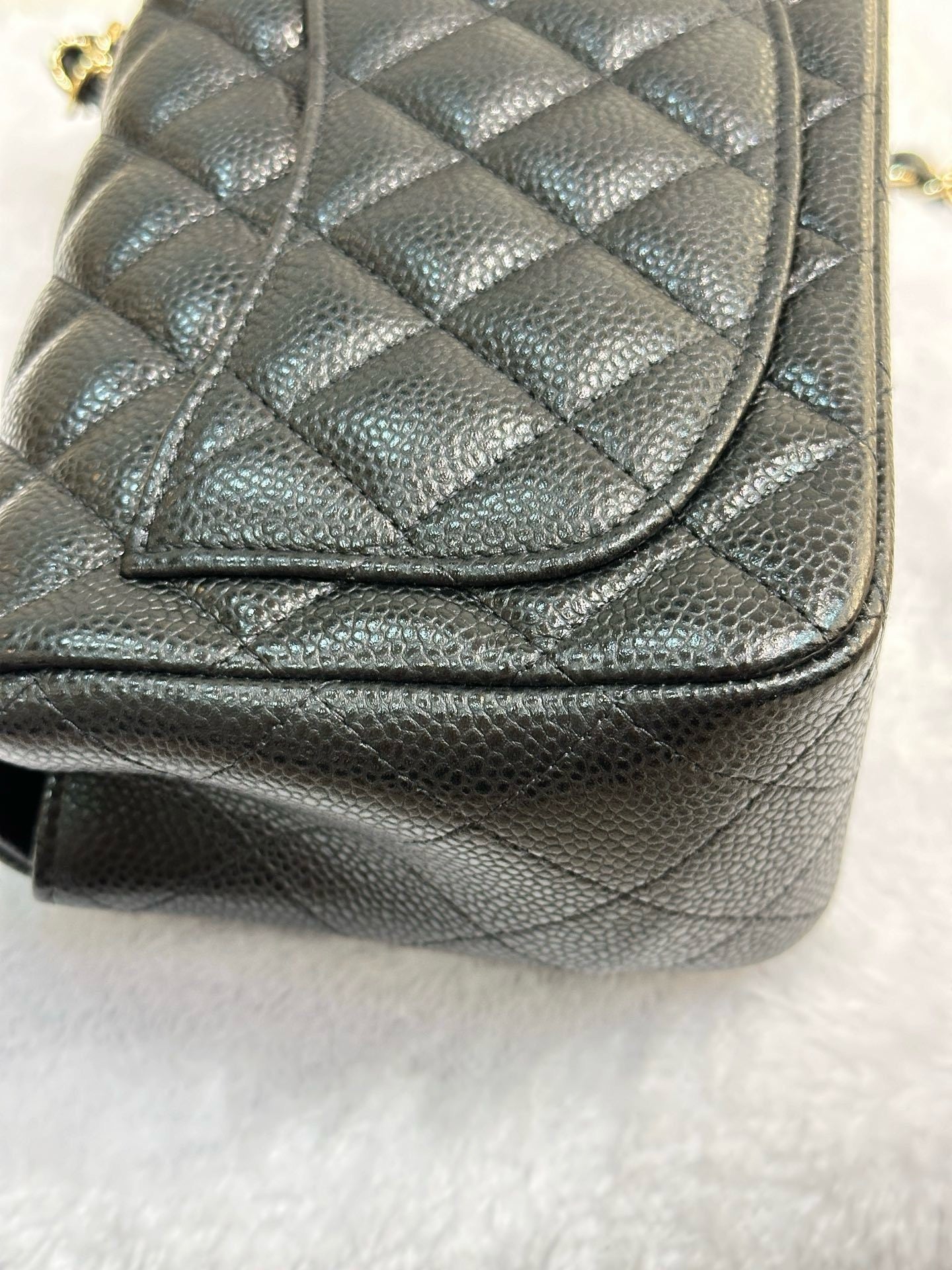 Chanel Mini Square Caviar Flap Bag Black GHW 25 holo card (Chain short than usual)