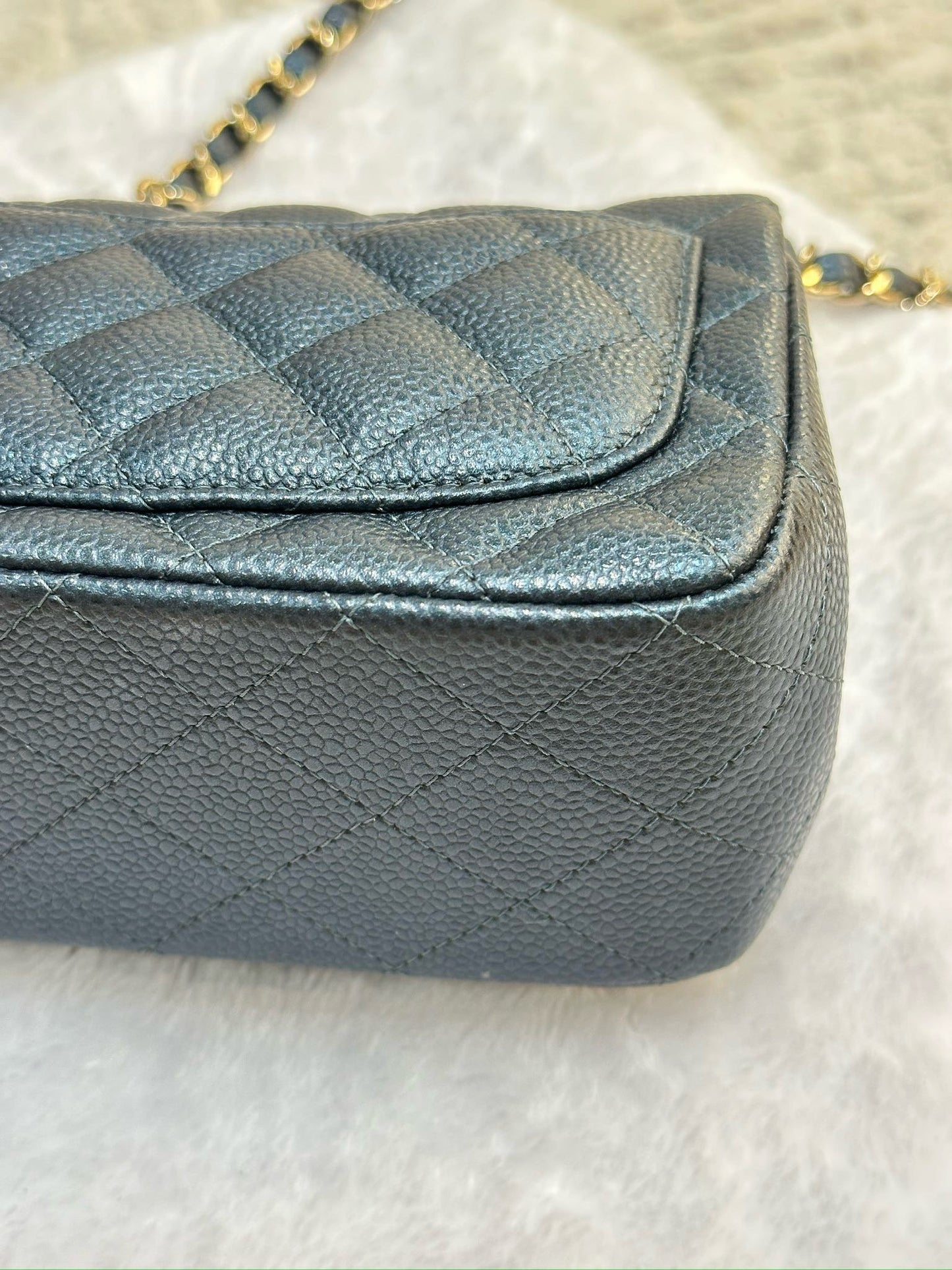 Chanel Mini Square Quilted Caviar Flap Bag Blue GHW 2581 Holo card