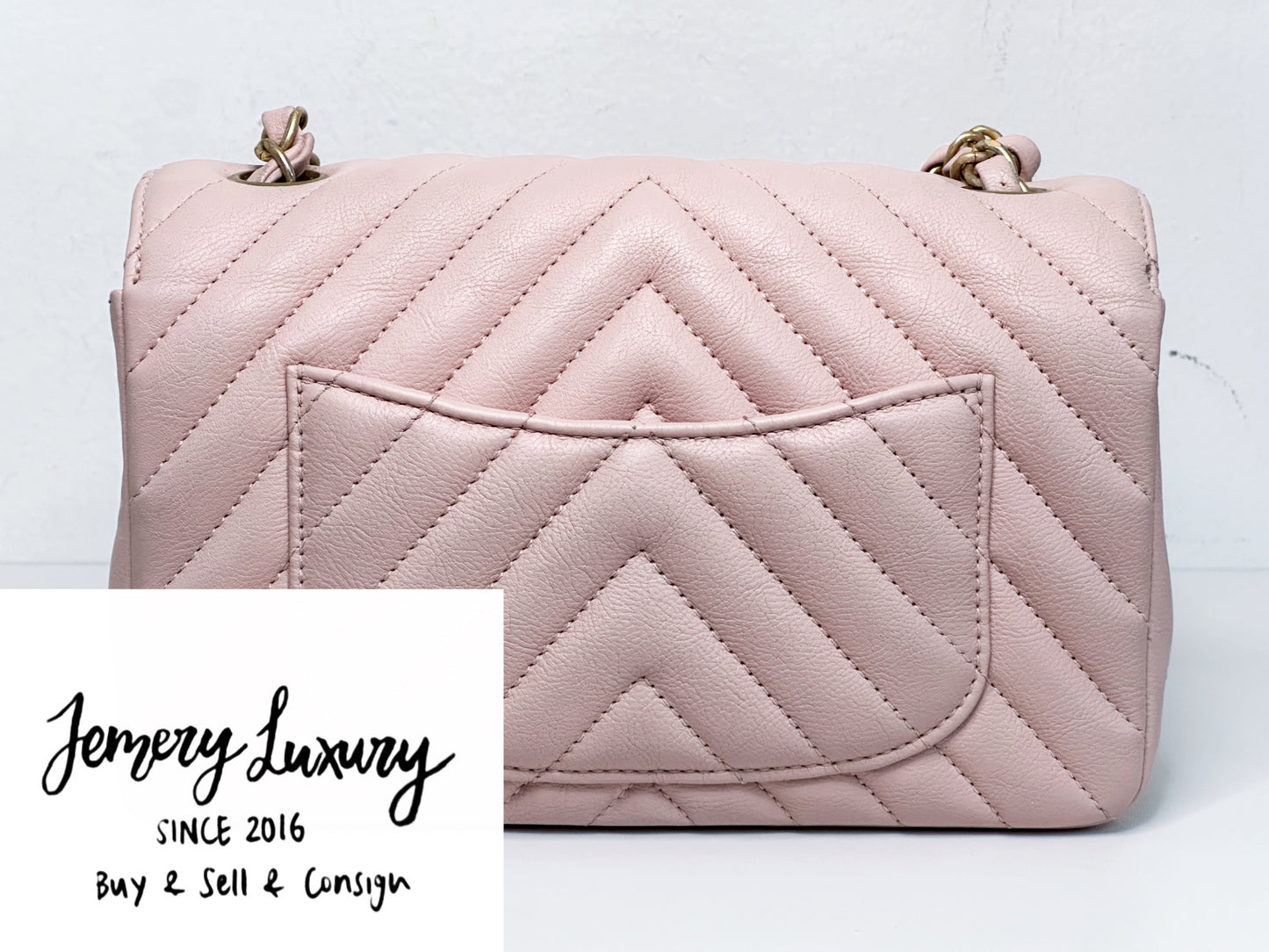 Chanel Classic Mini Rectangular 17C Light Pink Chevron Calfskin with brushed gold hardware 2383 holo card