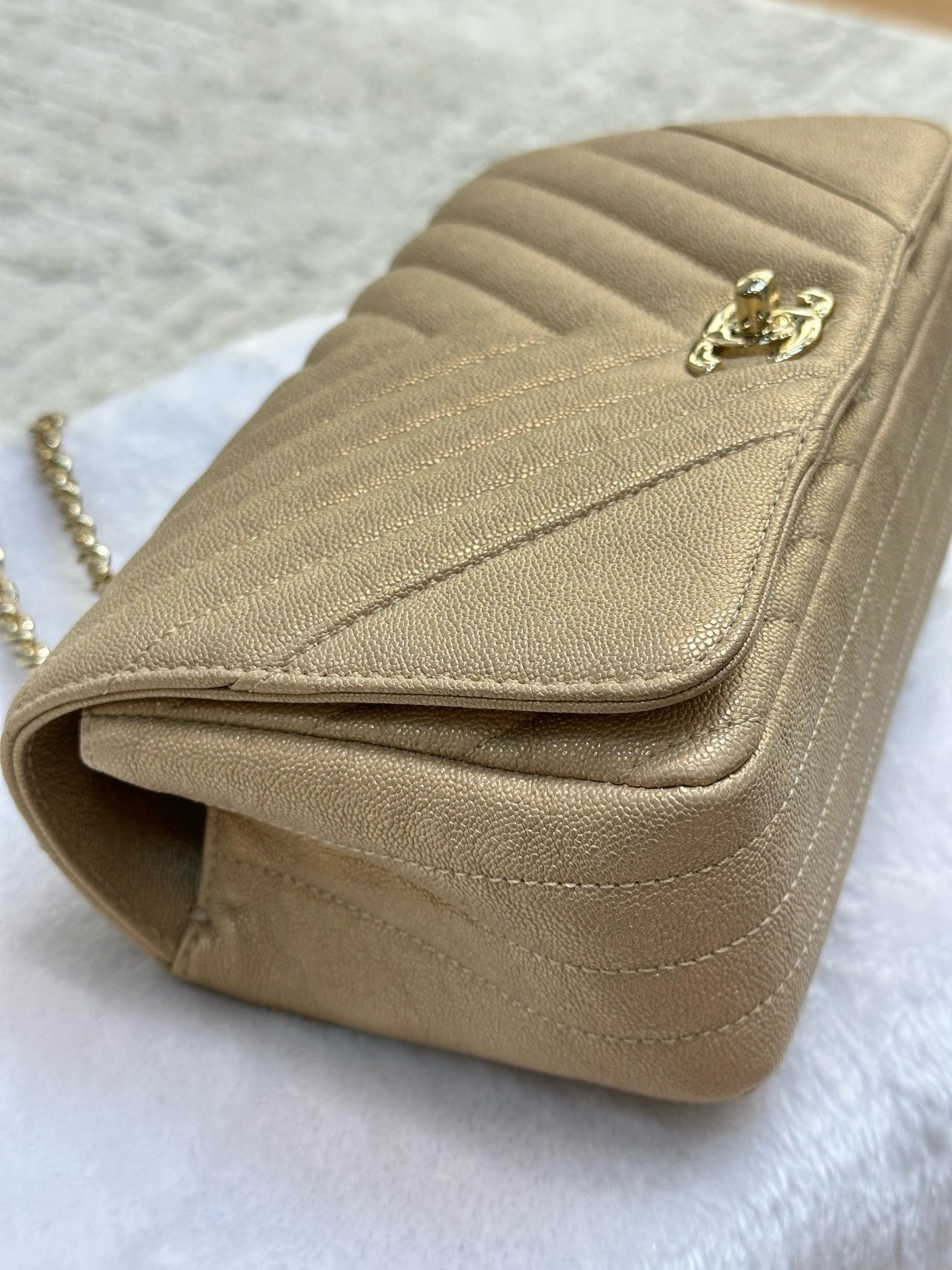 Chanel Mini Statement Metallic Caviar Chevron Quilted Flap Beige LGHW