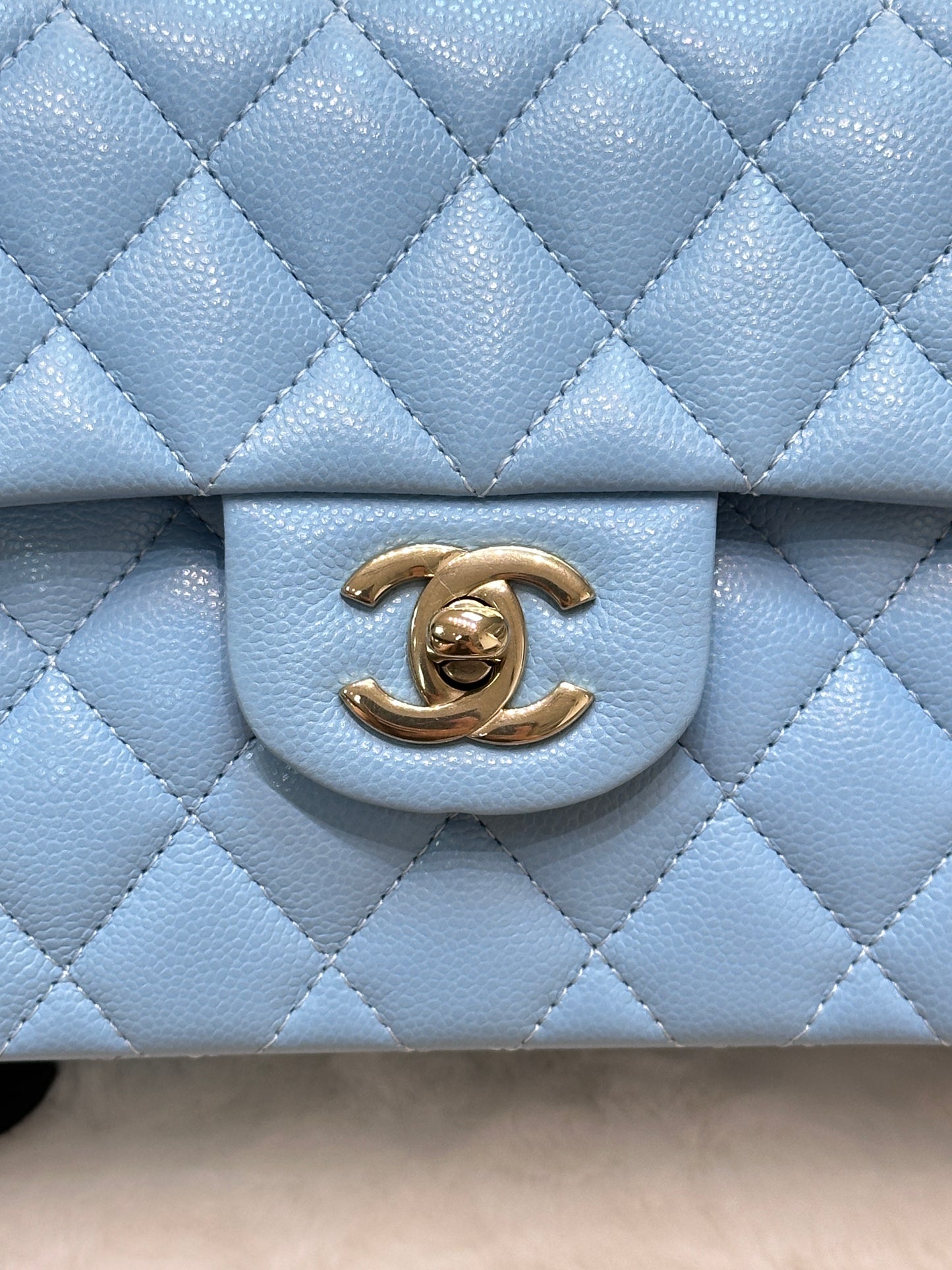 Chanel Small Classic Flap Ligth Blue Caviar Light Gold Hardware