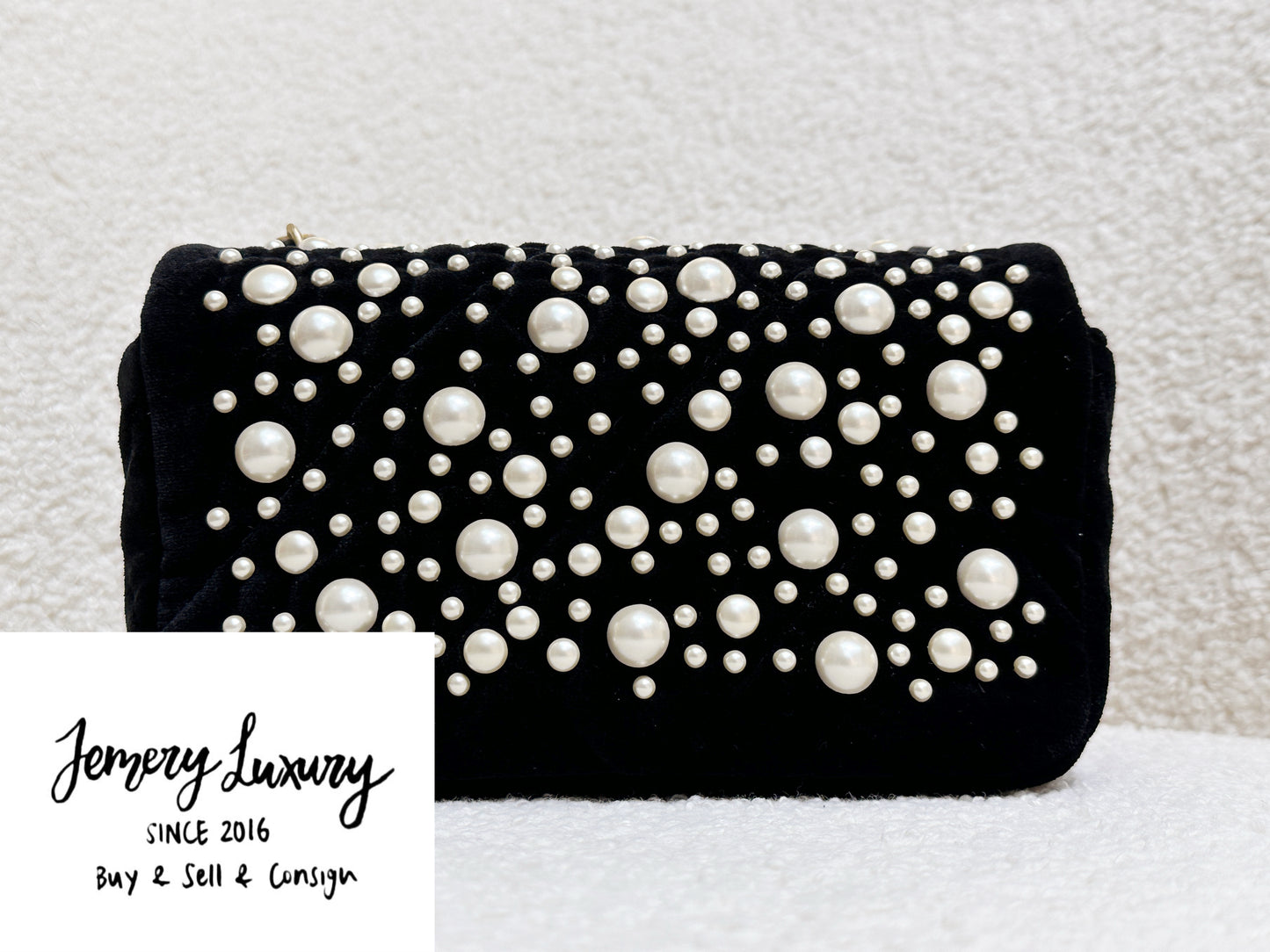 Chanel Mini Black Velvet Pearl Flap Bag X53U microchip