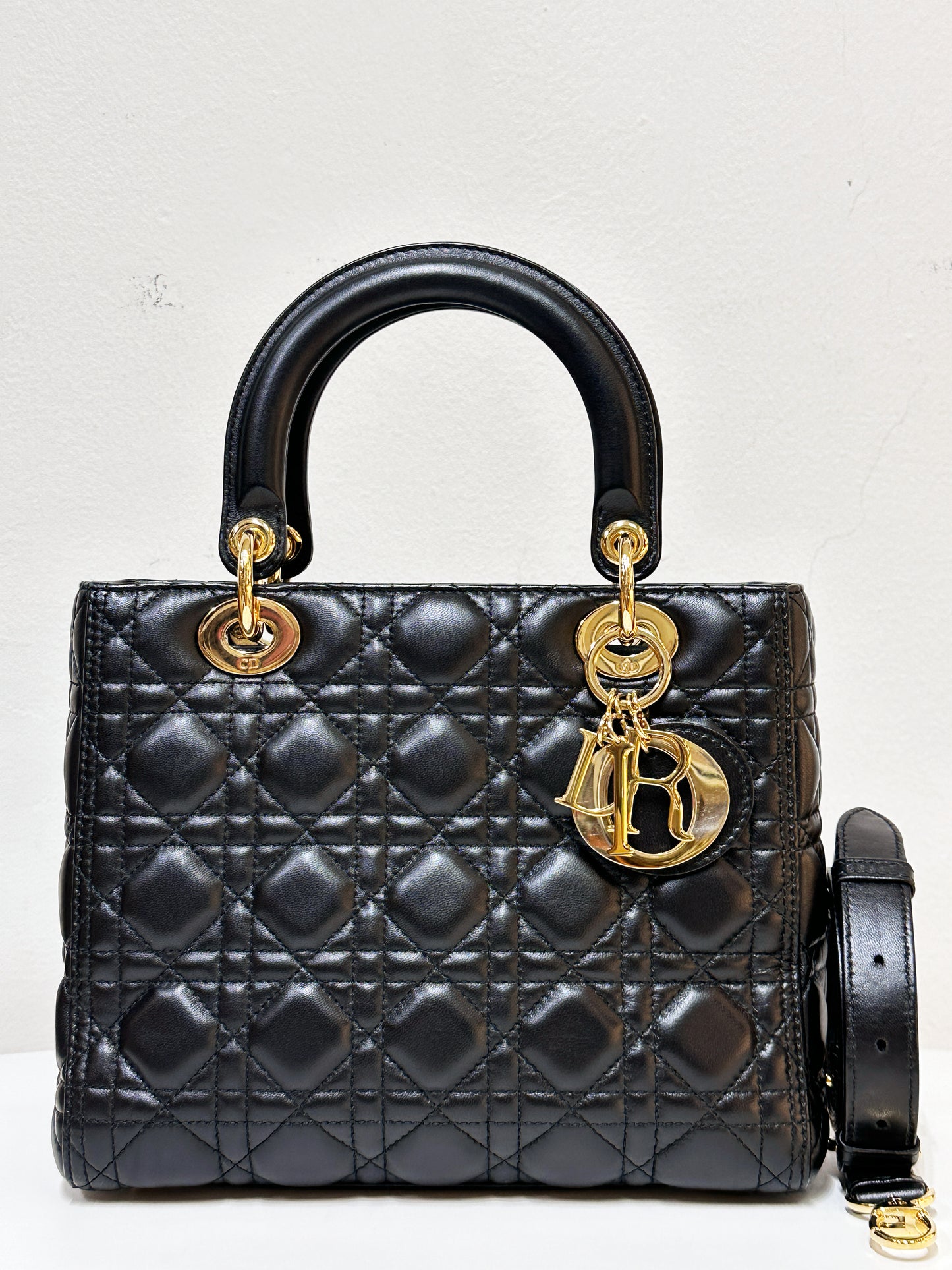 Christian Dior Medium Cannage Lambskin Lady Dior Bag Black GHW