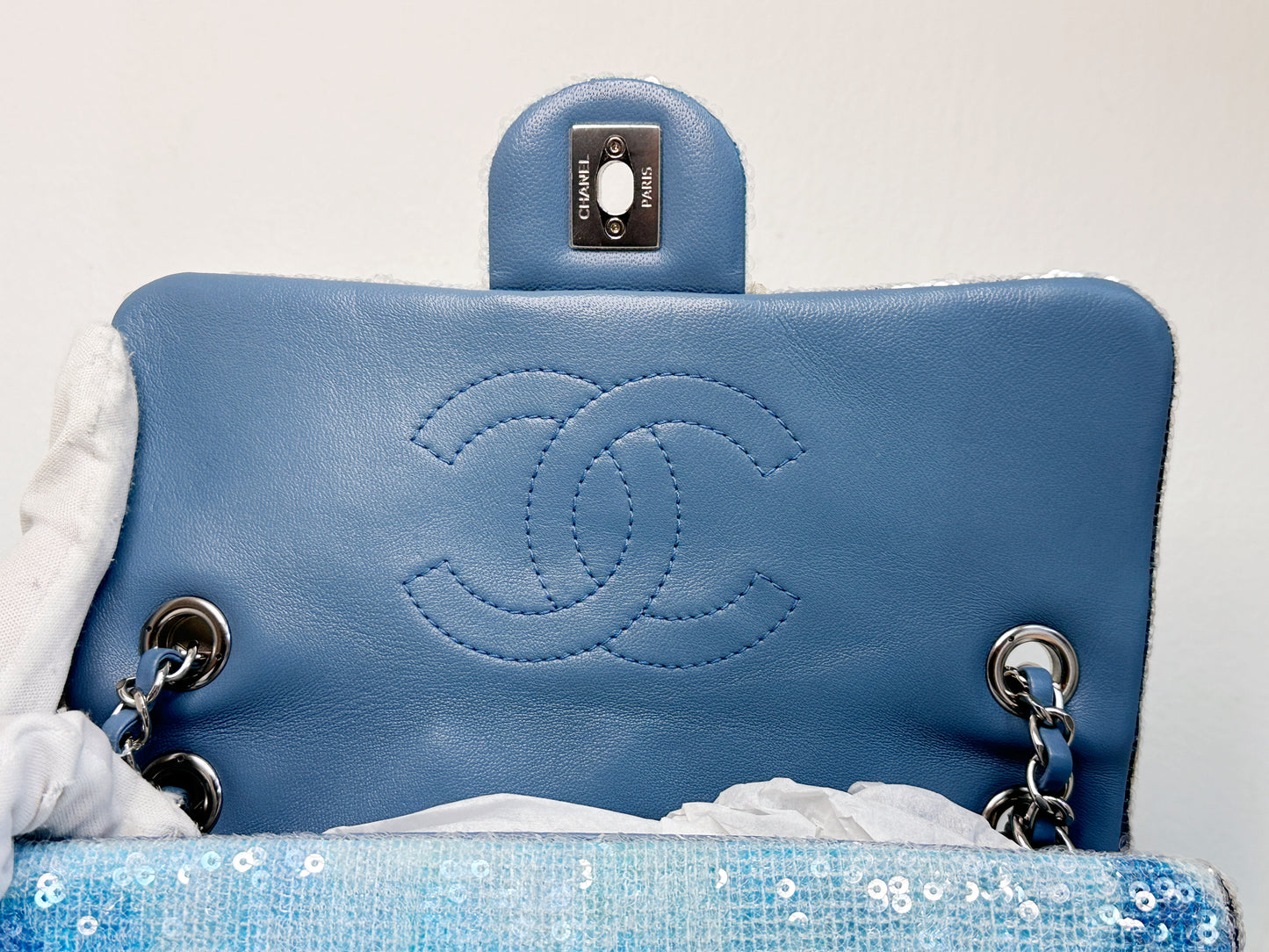 Chanel Sequin Mini Waterfall Light Blue Flap Bag 2590 holo card