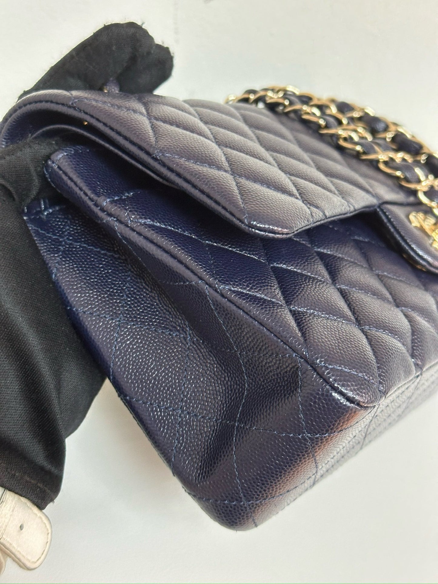 Chanel Medium Classic Caviar Double Flap Navy Blue Bag LSHW 2021year Microchip