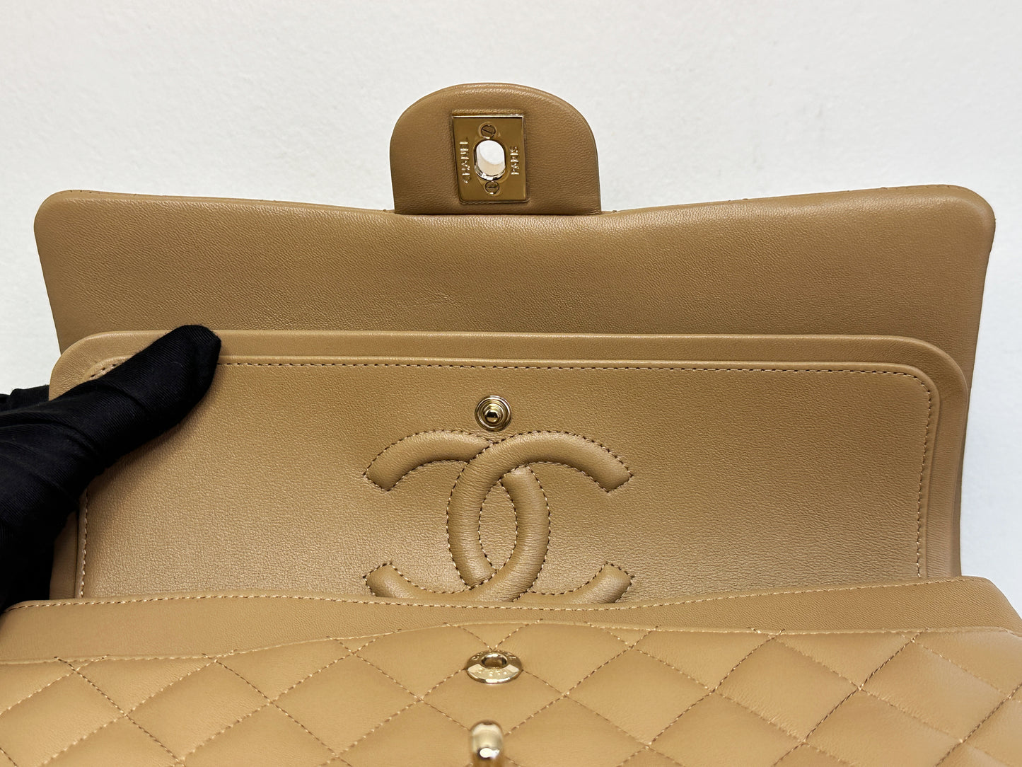 Chanel 22B Lambskin Classic Quilted Double Flap Medium LGHW Dark beige HH9G microchip
