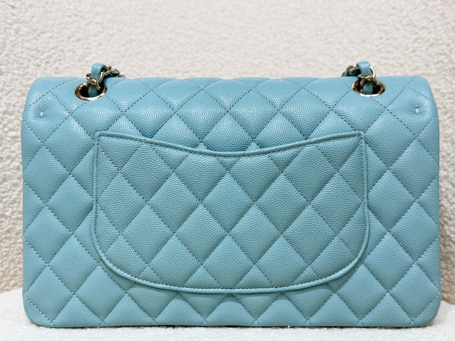 Chanel Classic Flap Medium 20C Tiffany Blue Caviar Light Gold Hardware 294 holo card