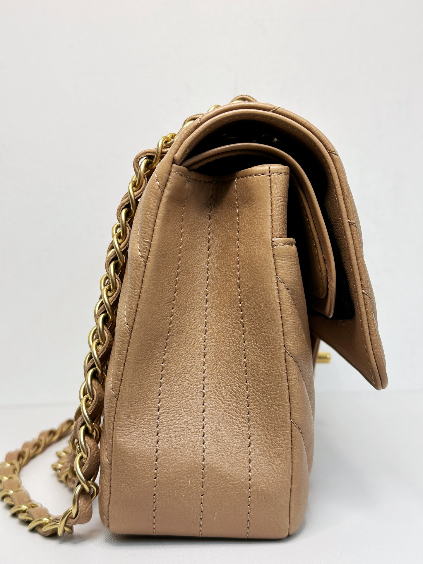 Chanel Calfskin Chevron Quilted Medium Double Flap Beige 2383 holo card