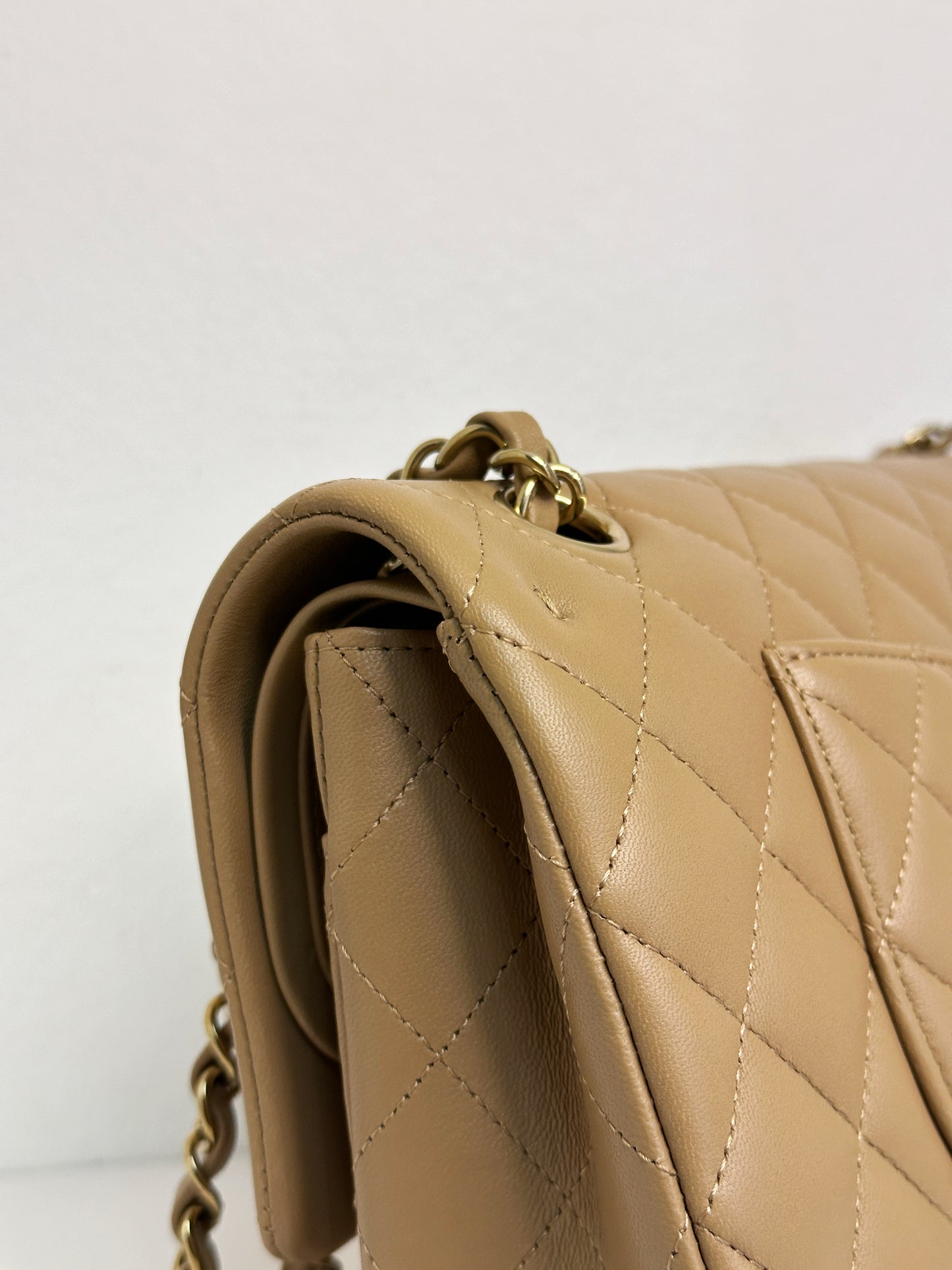 Chanel 22B Lambskin Classic Quilted Double Flap Medium LGHW Dark beige HH9G microchip