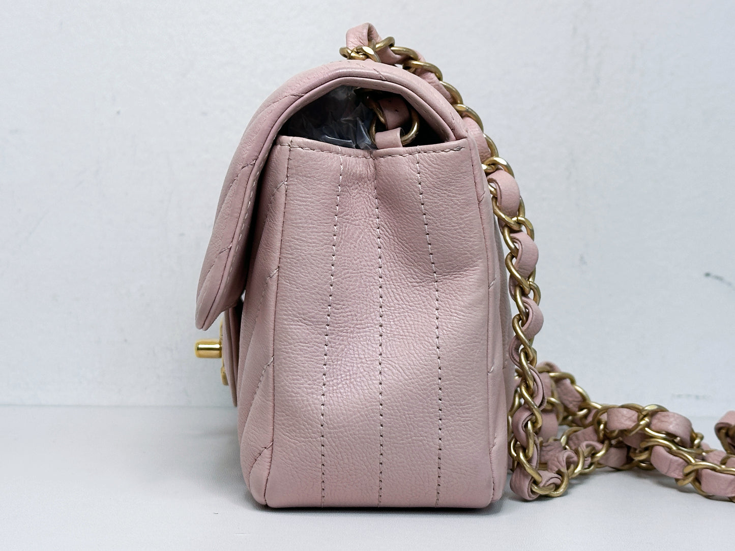 Chanel Classic Mini Rectangular 17C Light Pink Chevron Calfskin with brushed gold hardware 2383 holo card