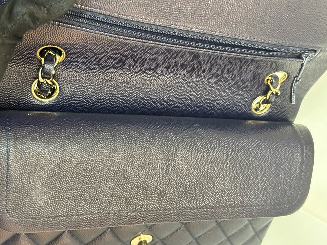 Chanel Medium Classic Caviar Double Flap Navy Blue Bag LSHW 2021year Microchip