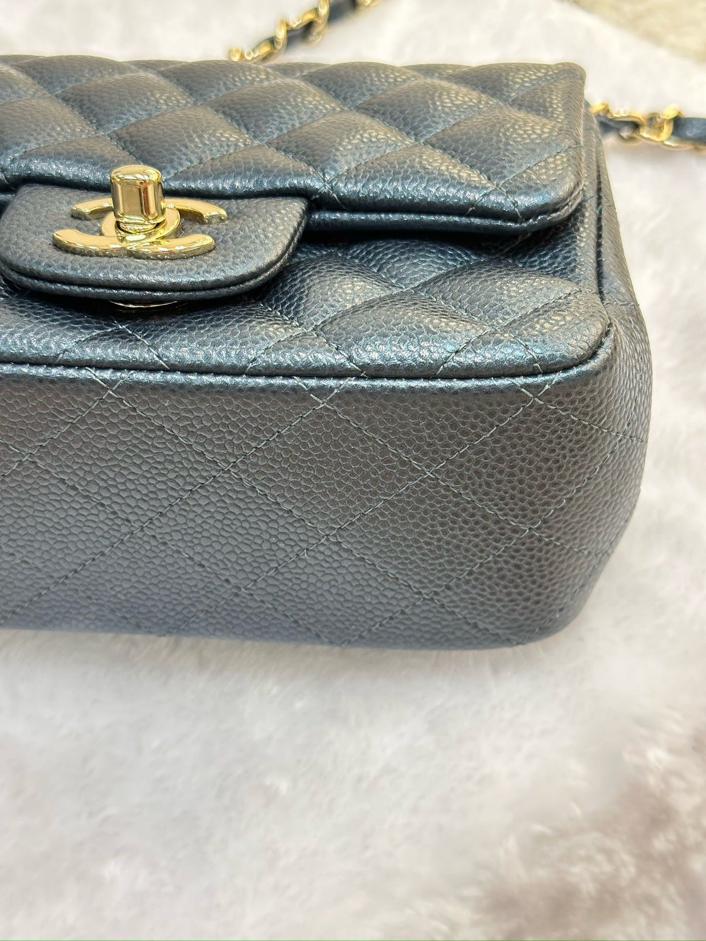 Chanel Mini Square Quilted Caviar Flap Bag Blue GHW 2581 Holo card